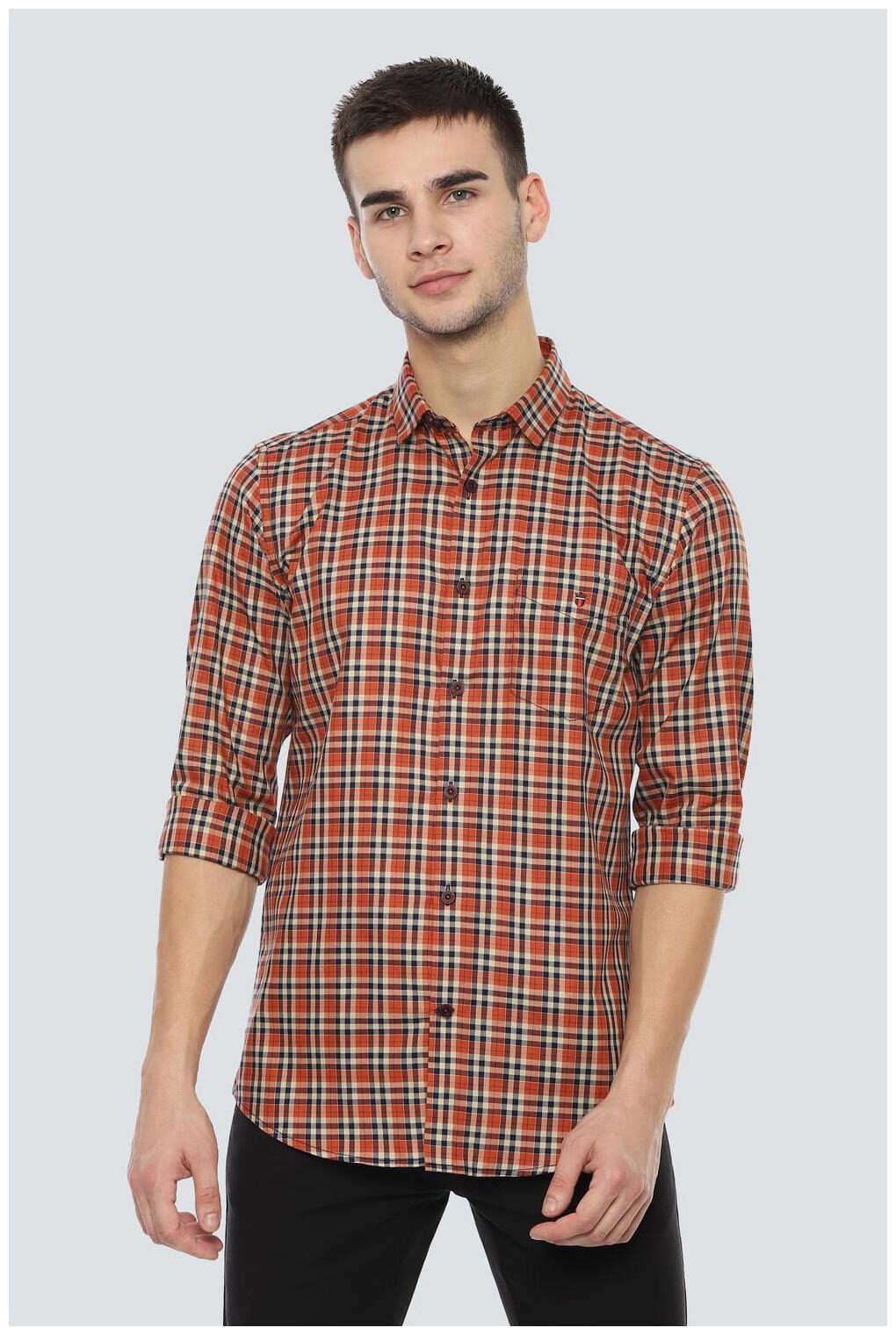 

Louis Philippe Men Orange Checked Super Slim Fit Casual Shirt