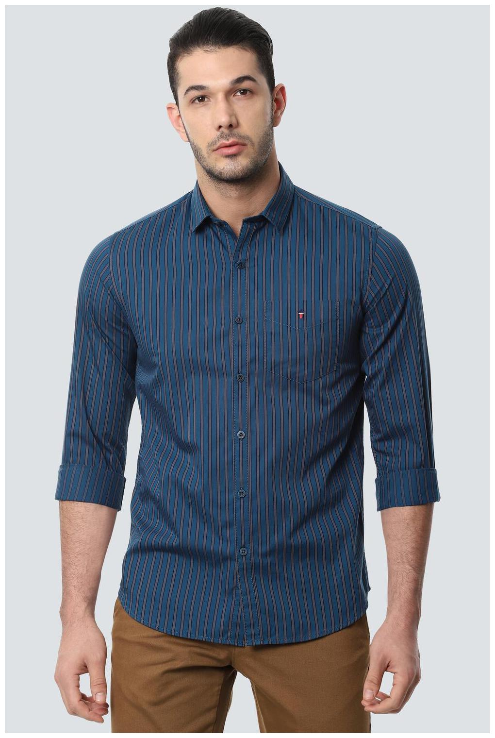 

Louis Philippe Men Navy Blue Vertical Stripes Super Slim Fit Casual Shirt