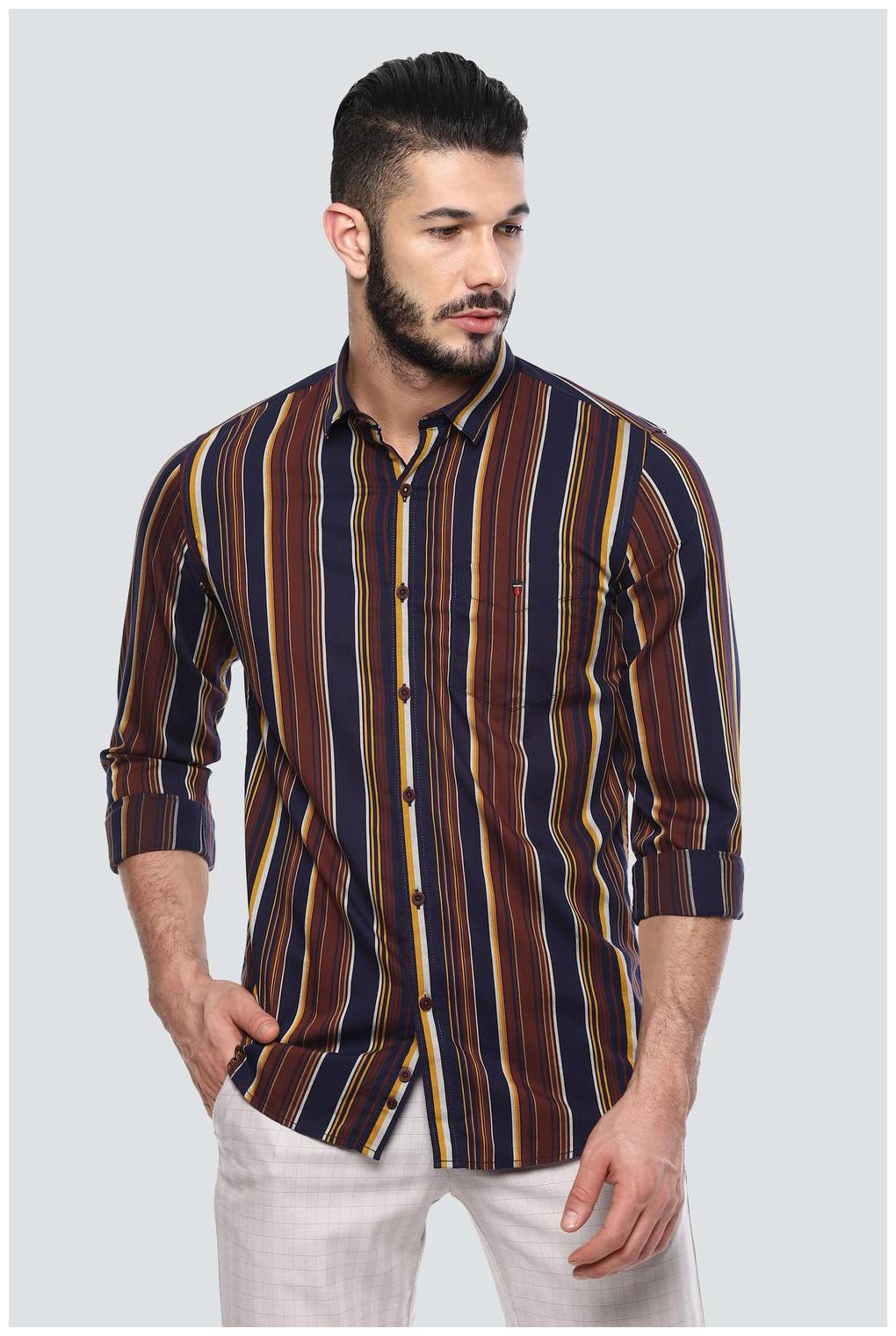 

Louis Philippe Men Brown Vertical Stripes Super Slim Fit Casual Shirt