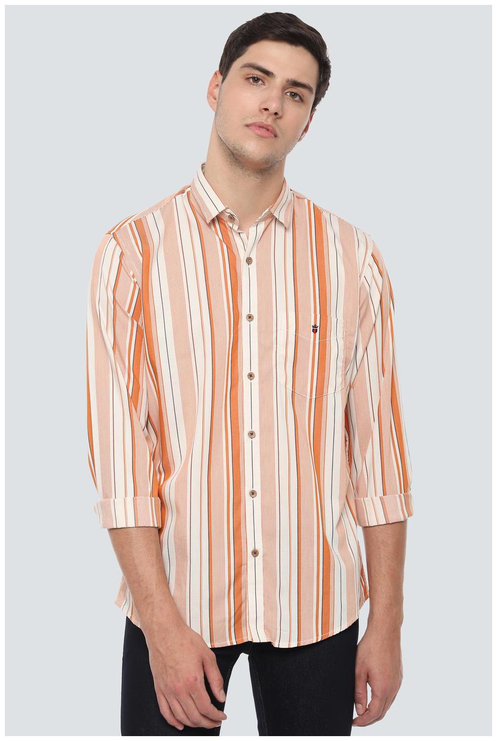 

Louis Philippe Men Beige Vertical Stripes Slim Fit Casual Shirt