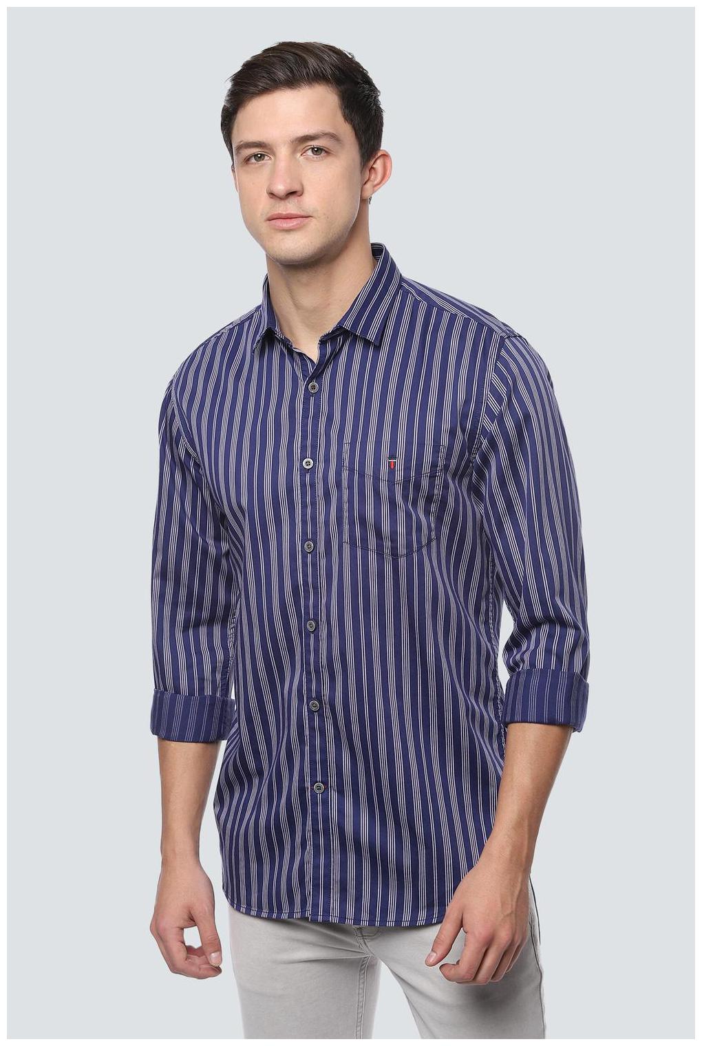 

Louis Philippe Men Blue Vertical Stripes Super Slim Fit Casual Shirt