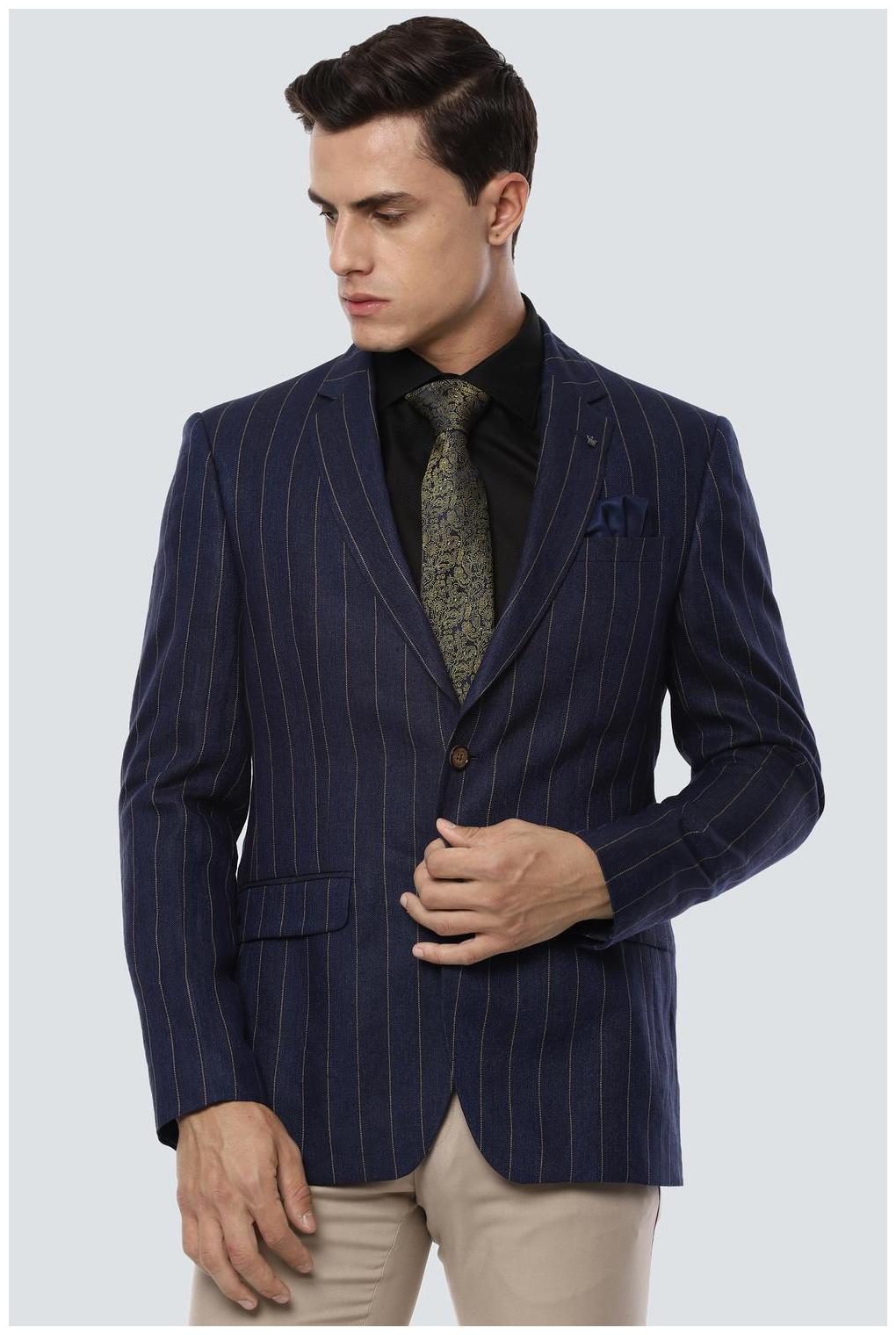 

Louis Philippe Men Navy blue Striped Slim fit Single Breasted Blazer