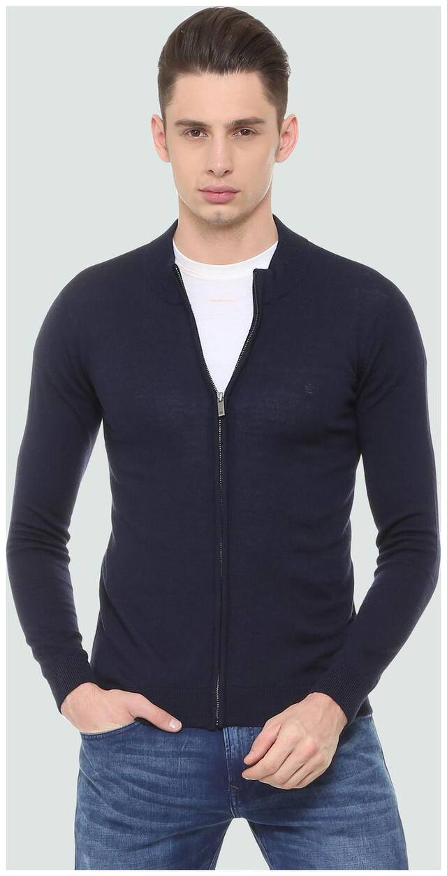 Louis Philippe Men Blue High neck Front-open sweater