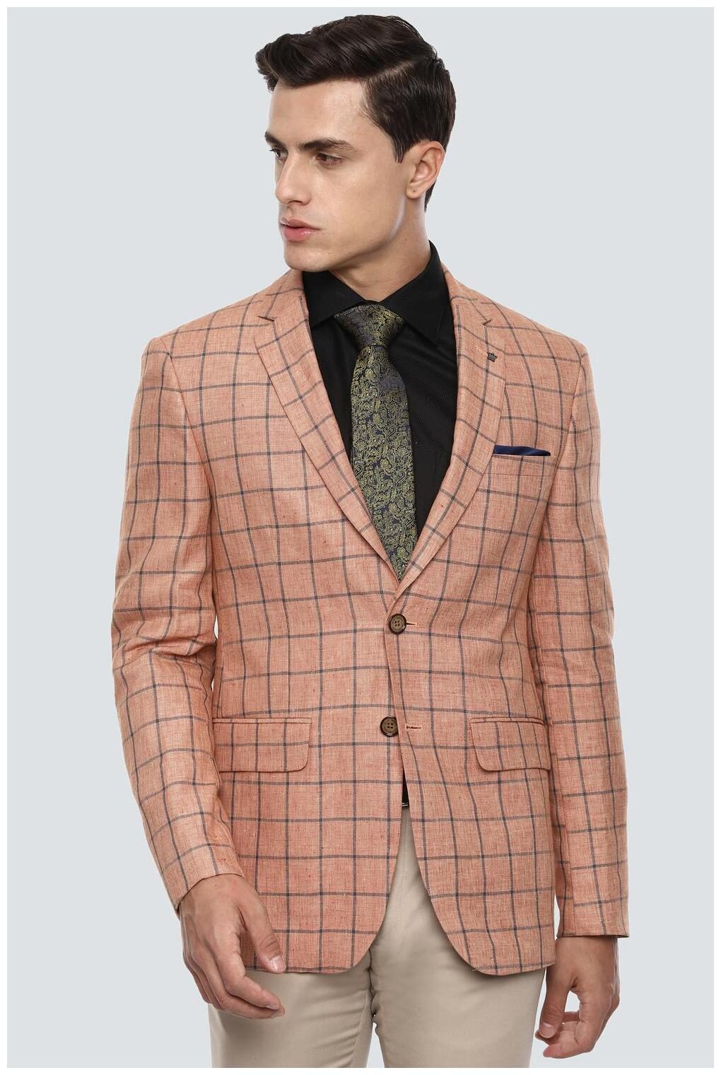 

Louis Philippe Men Orange Checked Slim fit Single Breasted Blazer
