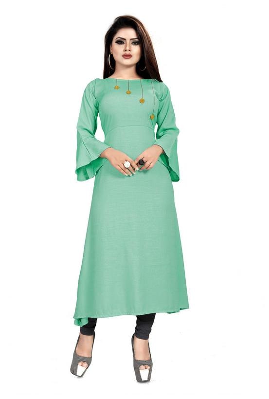 

Loywis Fashion Party Wear Ready Made Cotton 3 4 Bell Sleeves Turquoise Kurtis For Women