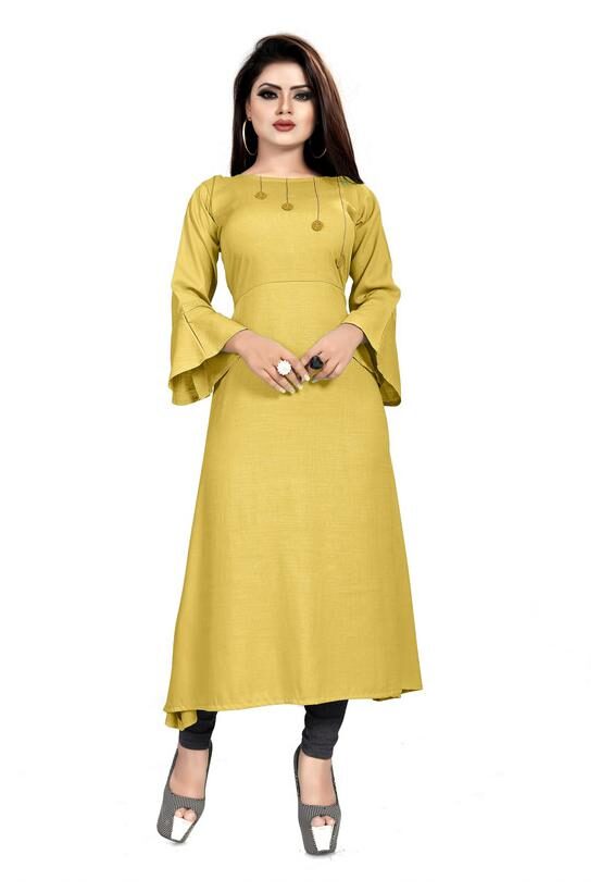 

Loywis Fashion Party Wear Ready Made Cotton 3 4 Bell Sleeves Yellow Kurtis For Women