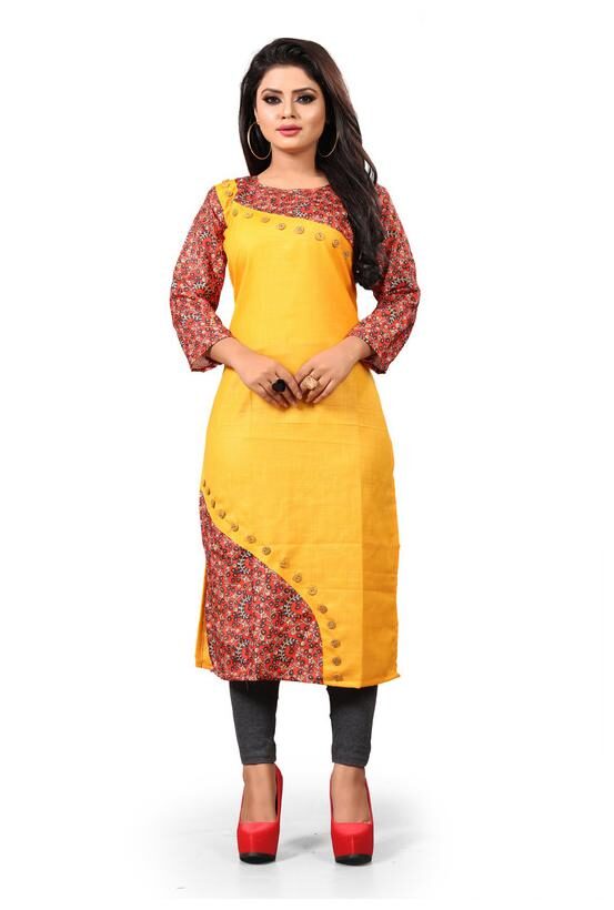 

Loywis Fashion Printed Cotton Yellow Kurti For Women