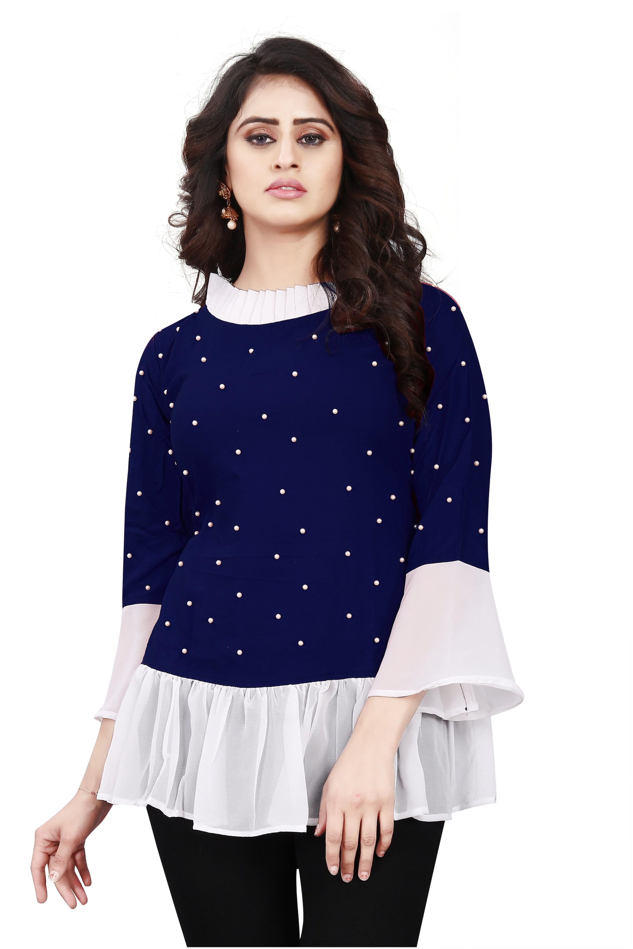 

Loywis Fashion Women Viscose Rayon Embellished Navy Blue Regular Top