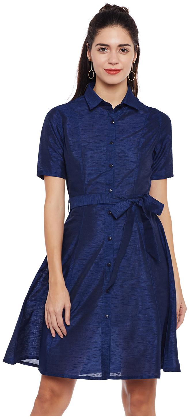 

Lucero Silk Solid Navy Blue Shirt Dress For Women