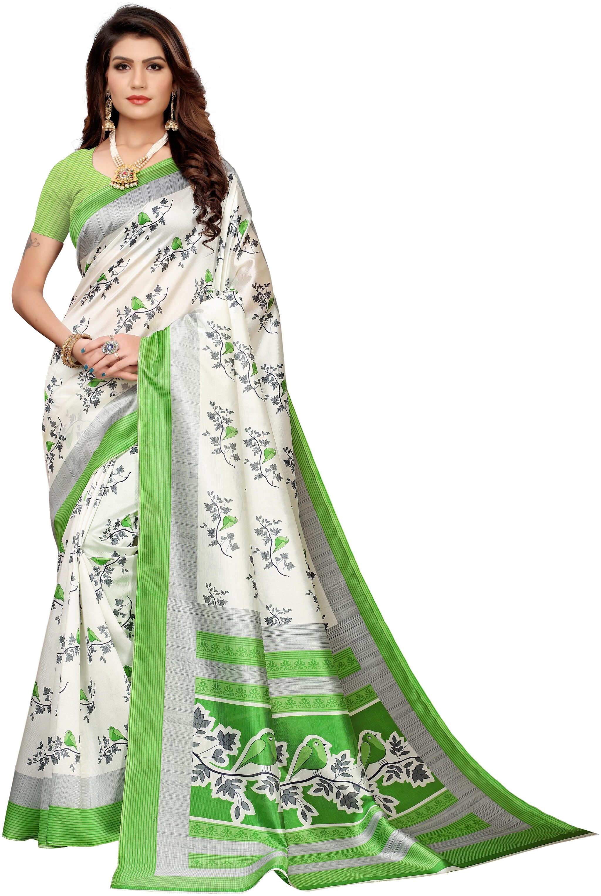

Luvberry Kalamkari Silk Saree- Green White