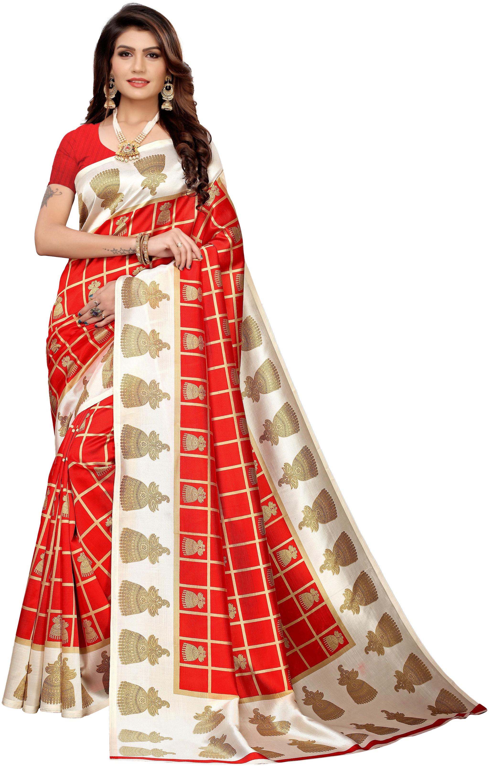 

Luvberry Kalamkari Silk Saree- Red