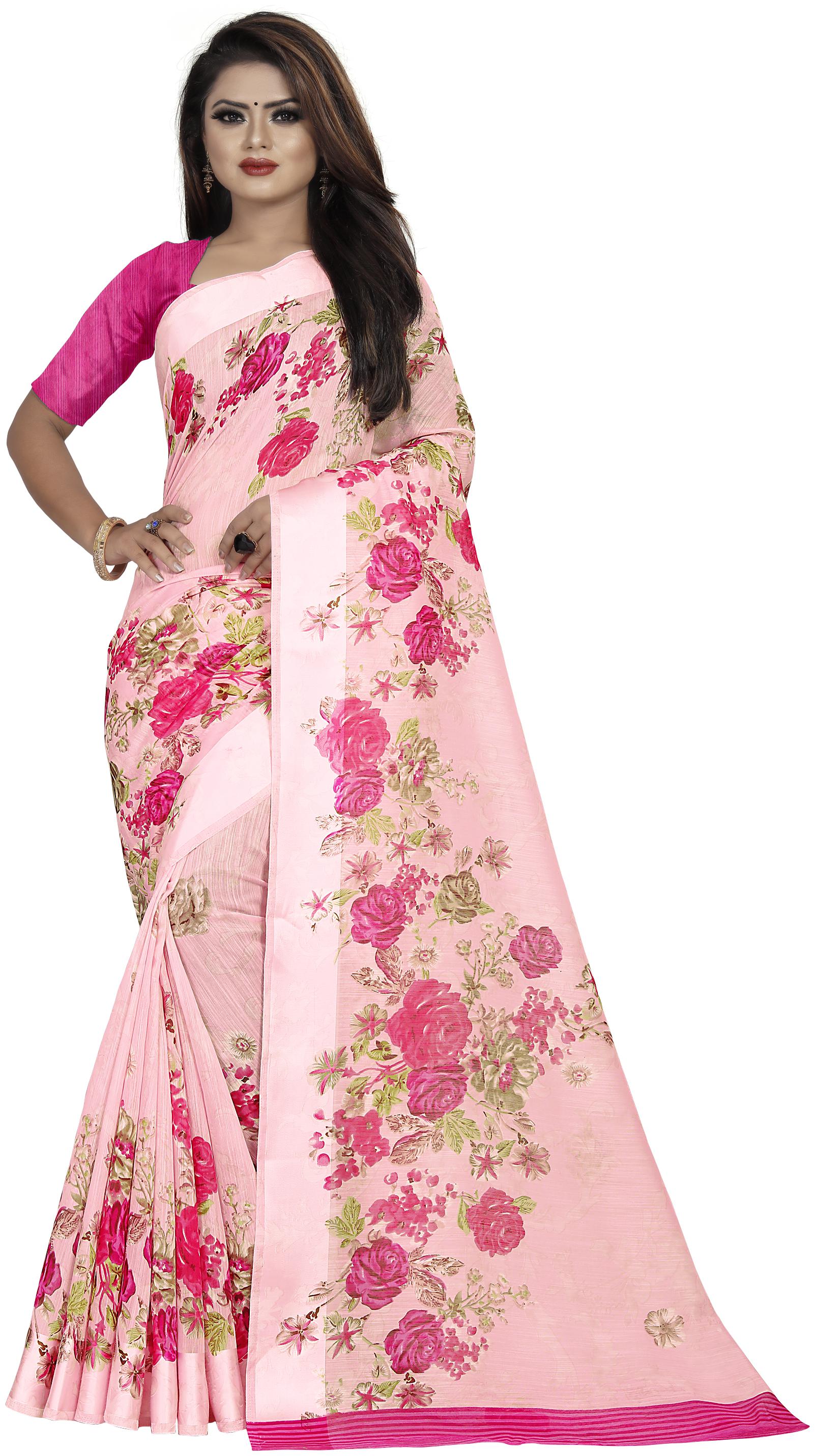 

Luvberry Printed Bhagalpuri Cotton Silk Saree Pink Color
