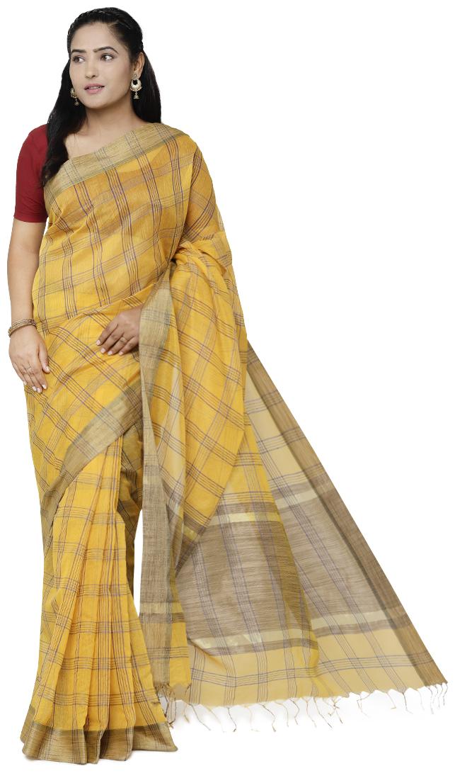 

Luvberry Women Cotton Blend Checkered Saree Yellow