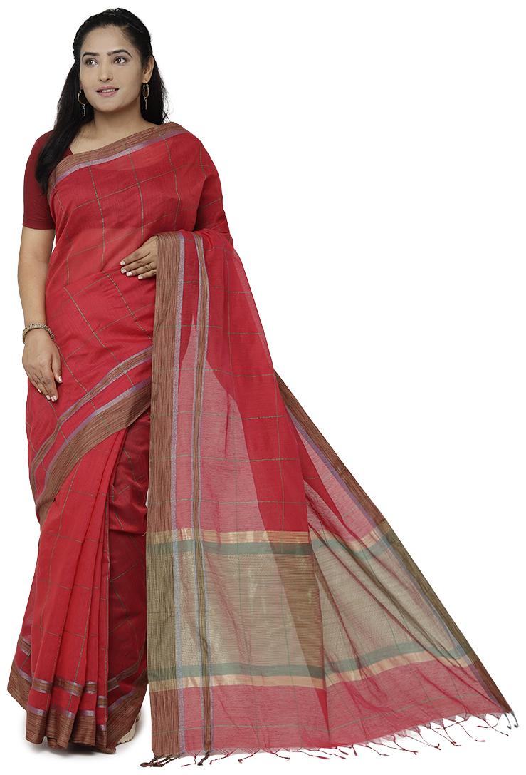 

Luvberry Women Cotton Blend Checkered Saree Red