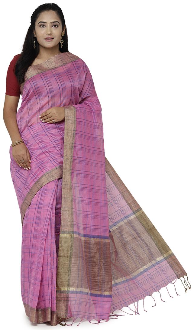 

Luvberry Women Cotton Blend Checkered Saree Pink