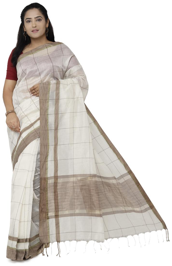 

Luvberry Women Cotton Blend Checkered Saree Cream