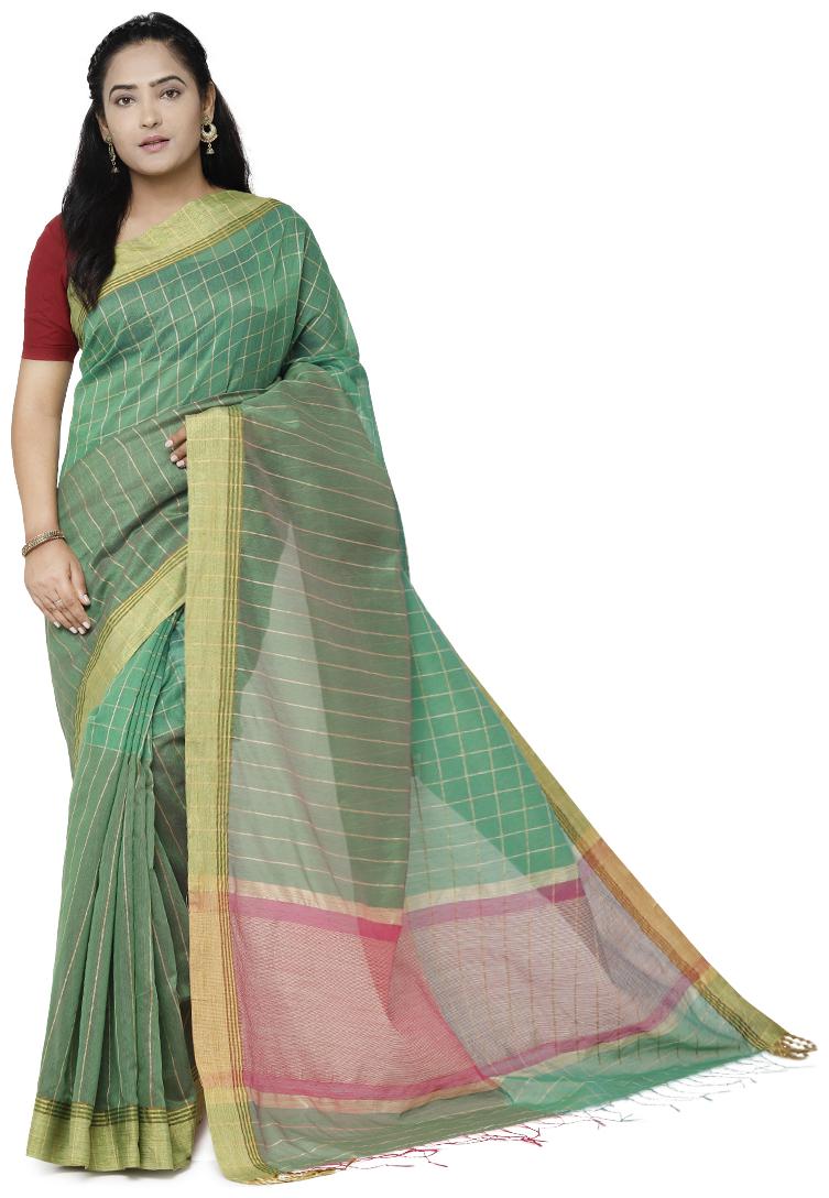 

Luvberry Women Cotton Blend Checkered Saree Green