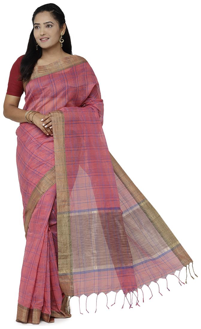 

Luvberry Women Cotton Blend Checkered Saree Peach