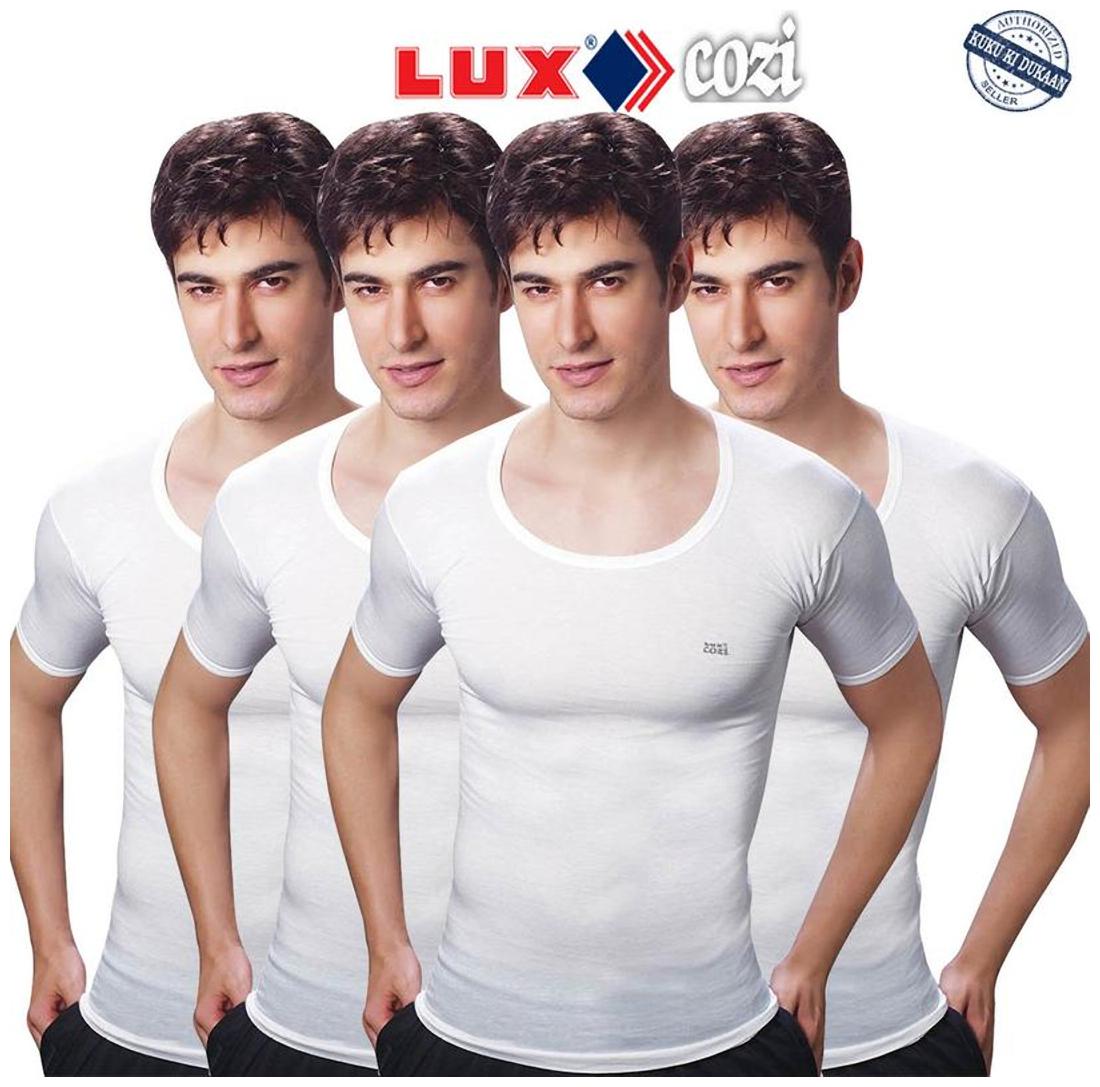 Lux Cozi Half Sleeves White Cotton Vests Pack of 4 by Kuku Ki Dukaan