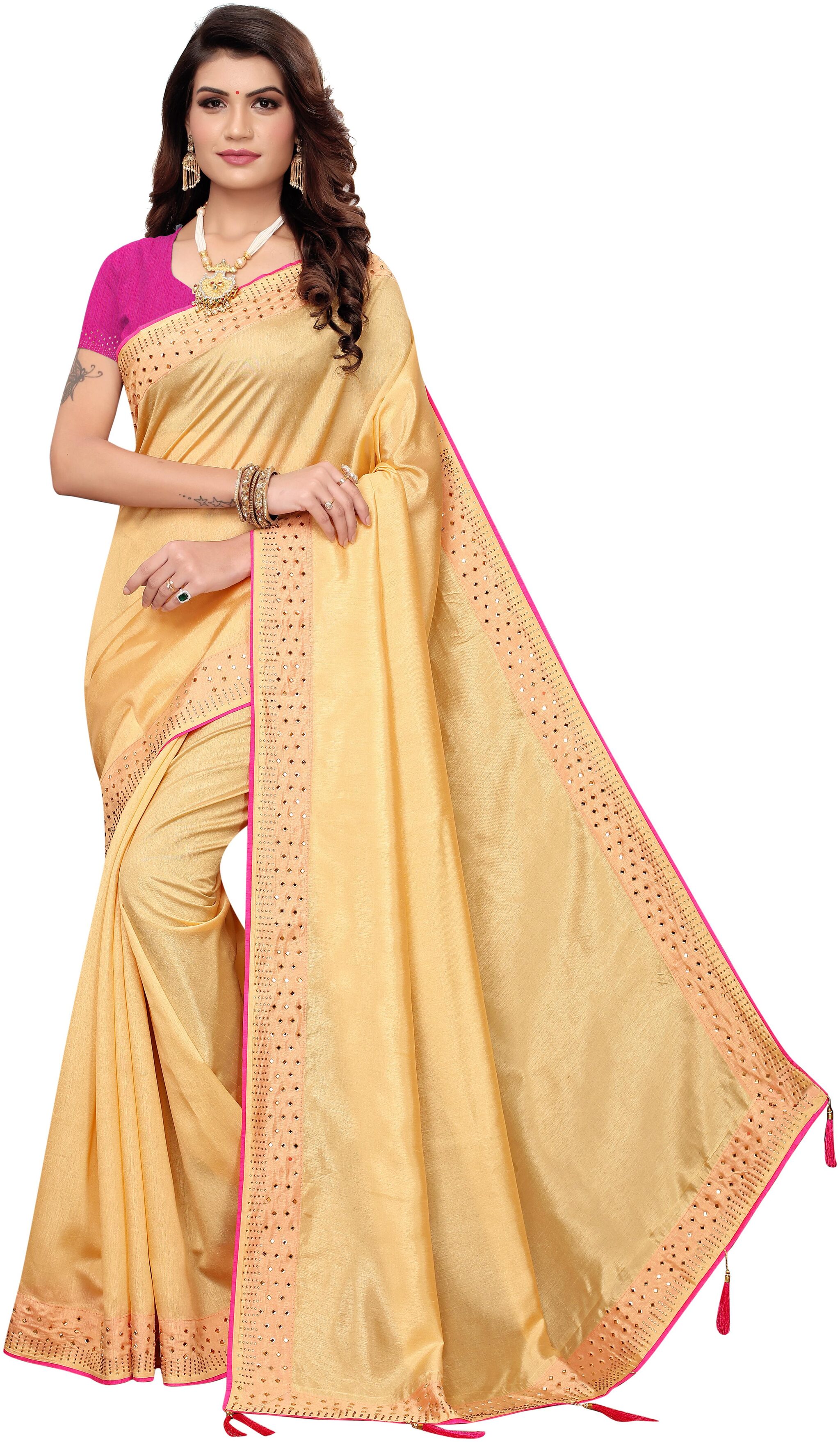 LYFE Fashions Silk Solid Beige Universal Saree