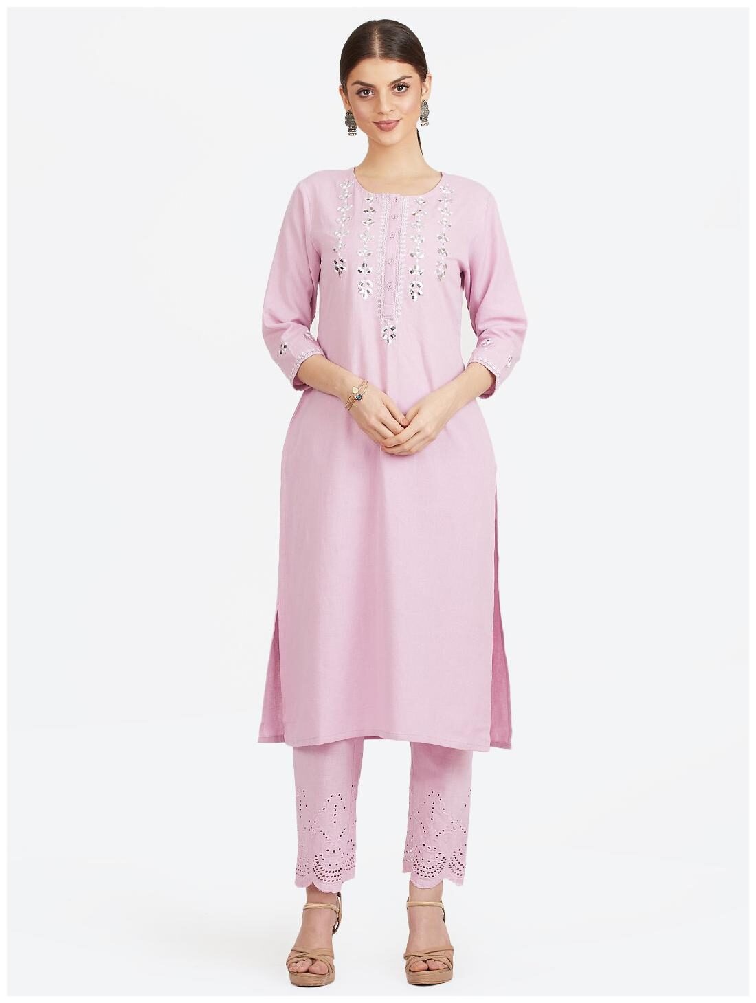 

Lyla Cotton Embroidered Pink Kurti For Women