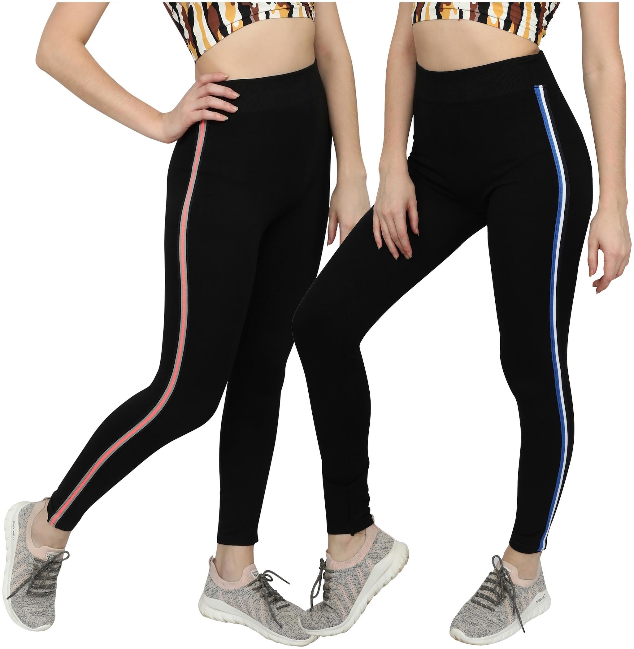 

M Moddy Women s Black Slim FIT Stretchable Ankle Length Stripe Jeggings Pack of 2 Free Size