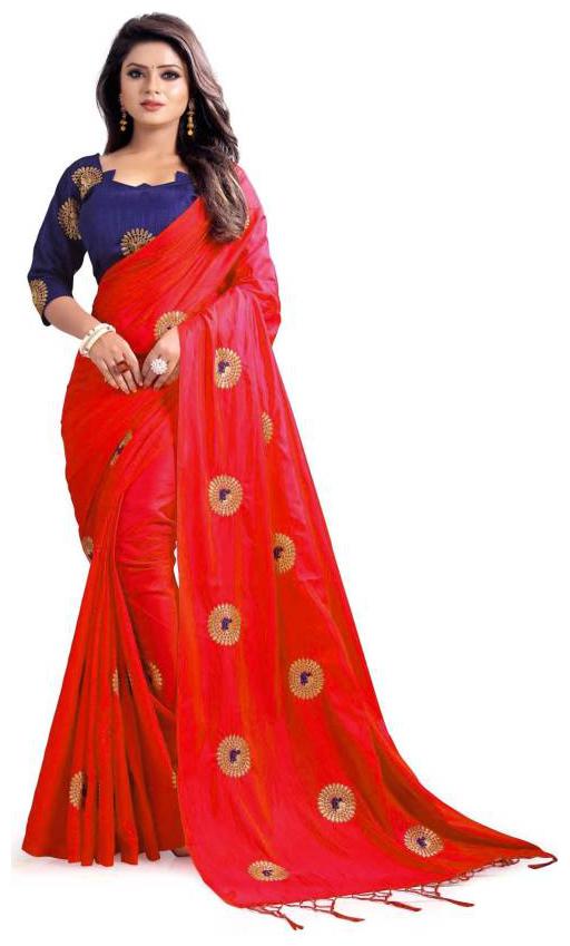 

M P STORE Paper Silk Embroidered Saree with blouse piece(Golden-Mor)