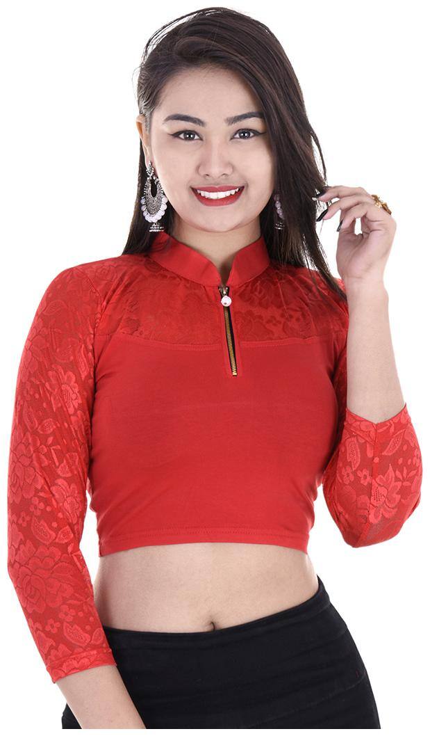 MAATE Red Lycra Readymade without Pad Blouse