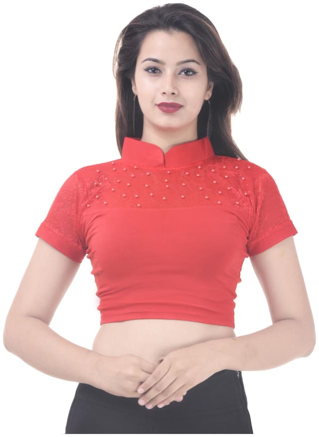 MAATE Red Lycra Readymade short sleeves pearl  Blouse