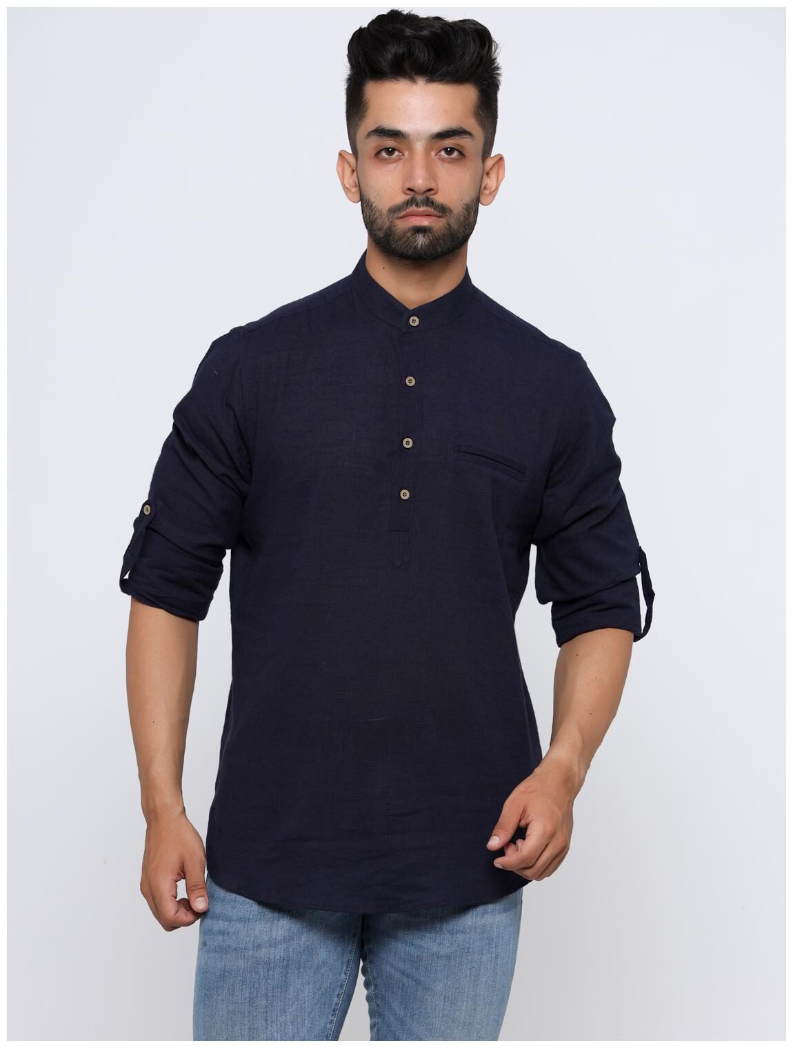 

MAD TEE Men Blended Solid Navy Blue Kurtas