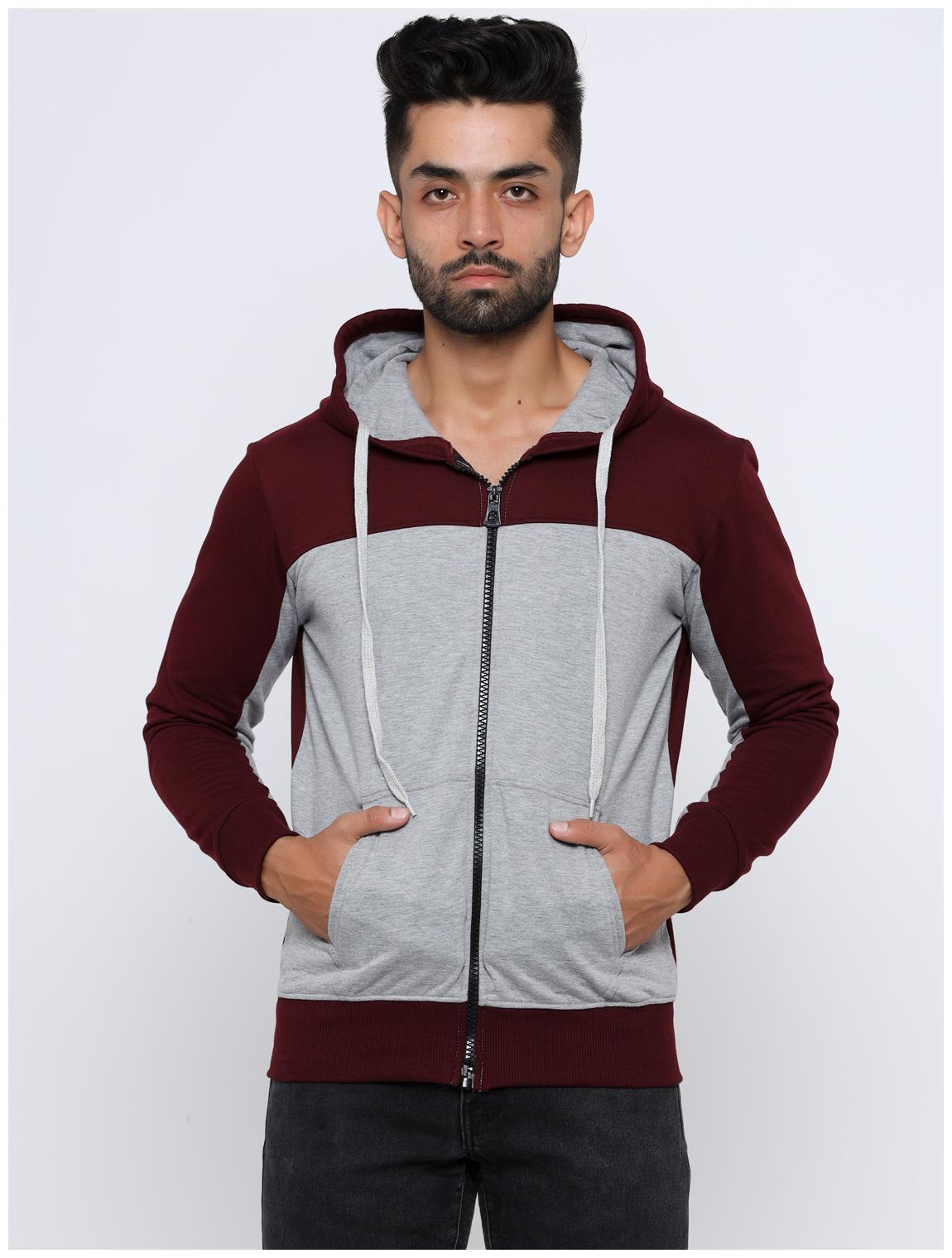 

MAD TEE Men Maroon Grey Hooded Sweatshirt