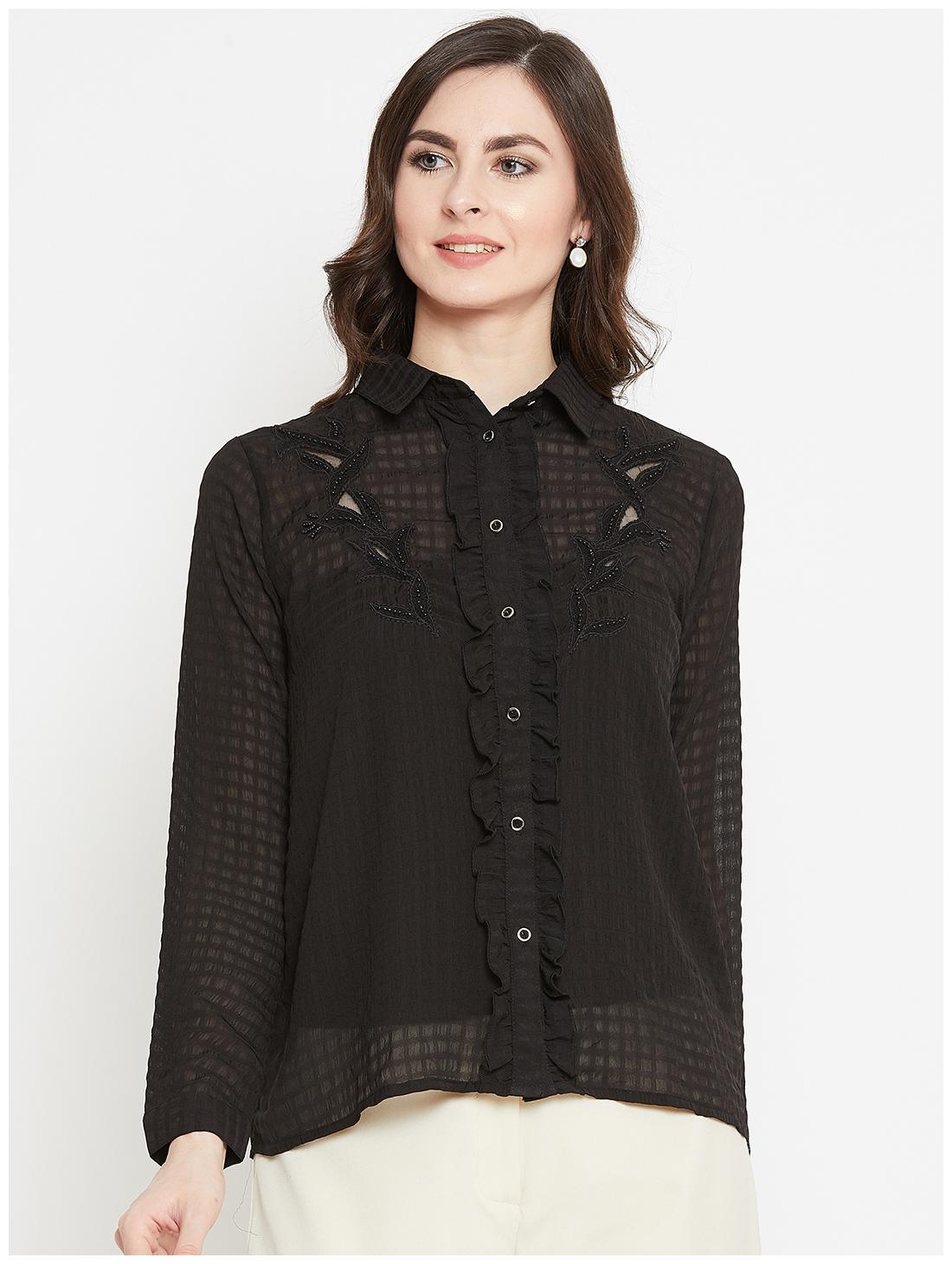 

Madame Women Black Embroidered Regular Fit Shirt