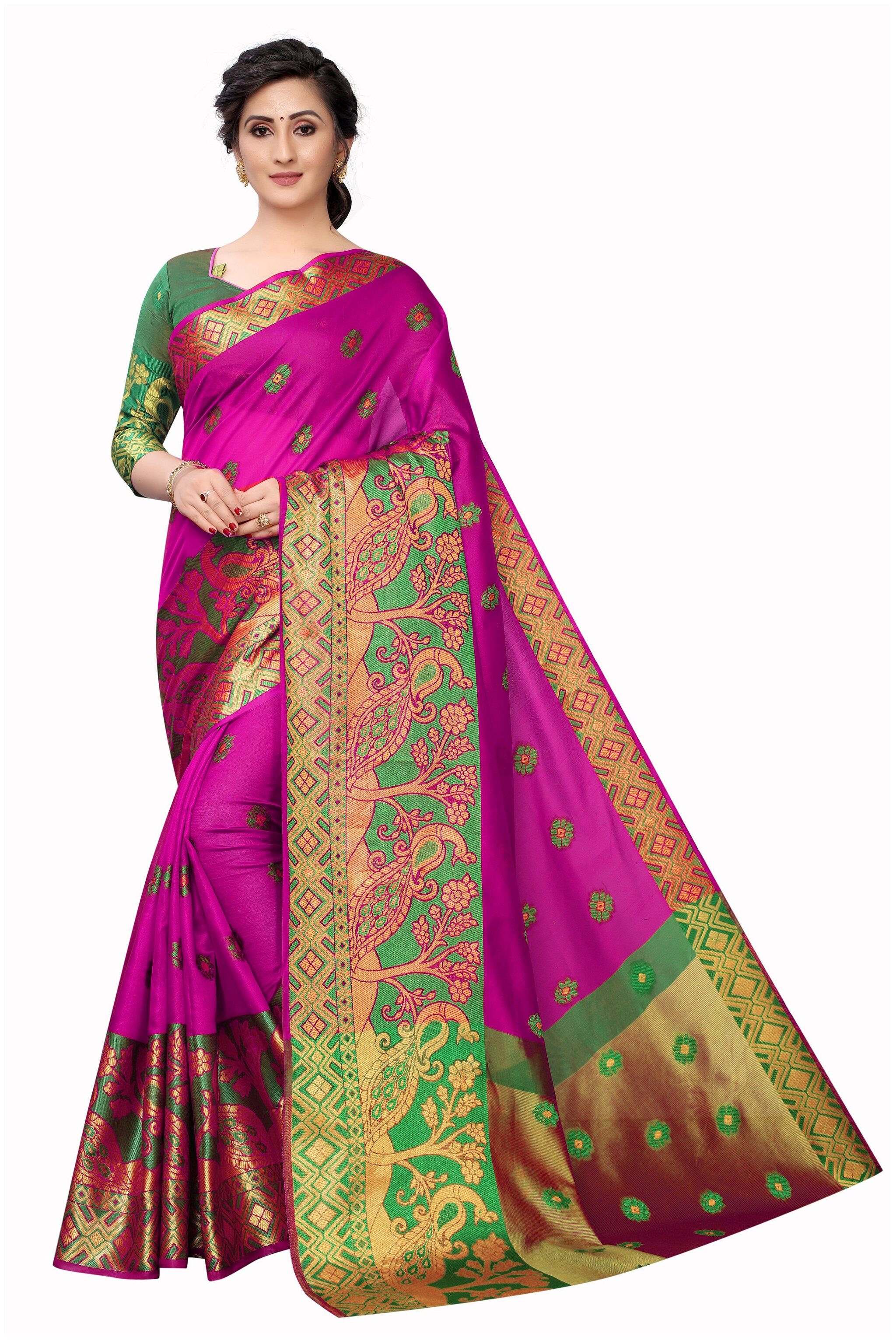 

Magadis Women Cotton Woven Pink Designer Saree With Blouse