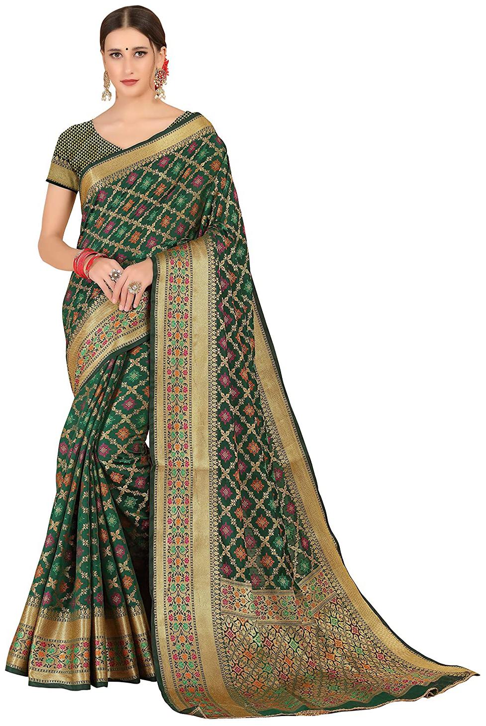 

Magadis Women Cotton Woven Green Designer Saree With Blouse