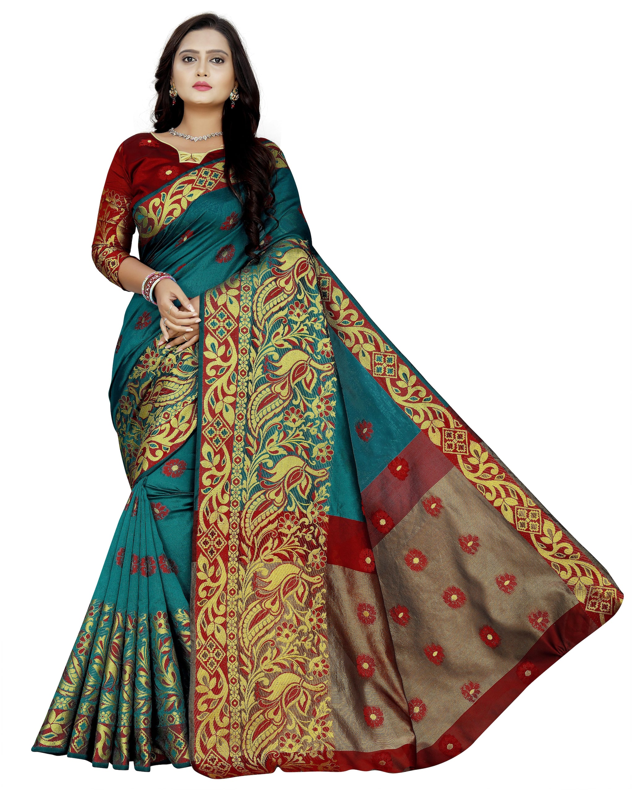 

Magadis Women Cotton Woven Multi Designer Saree With Blouse