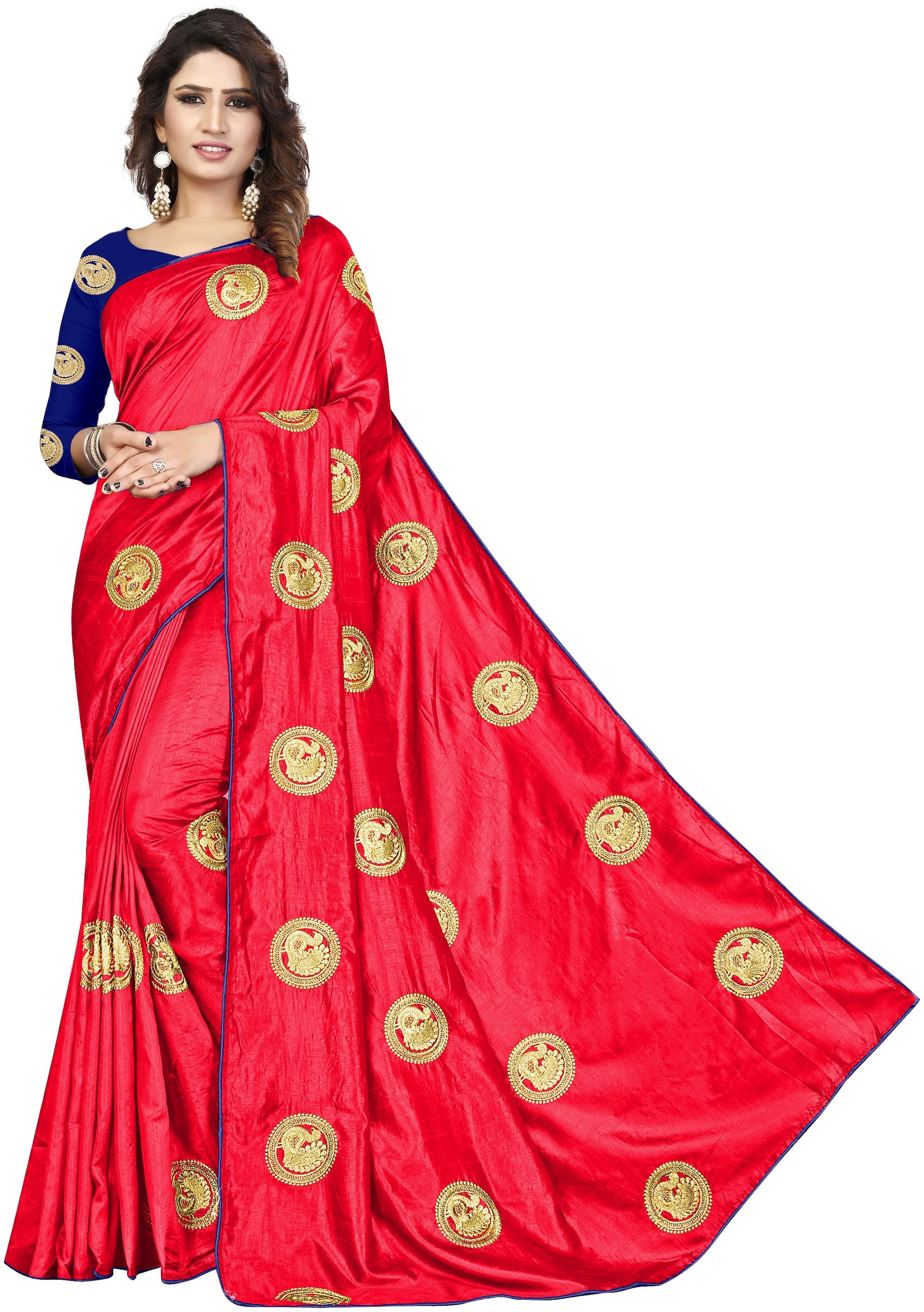 

Mahadev Hub Women Silk Embroidered Regular Saree Red