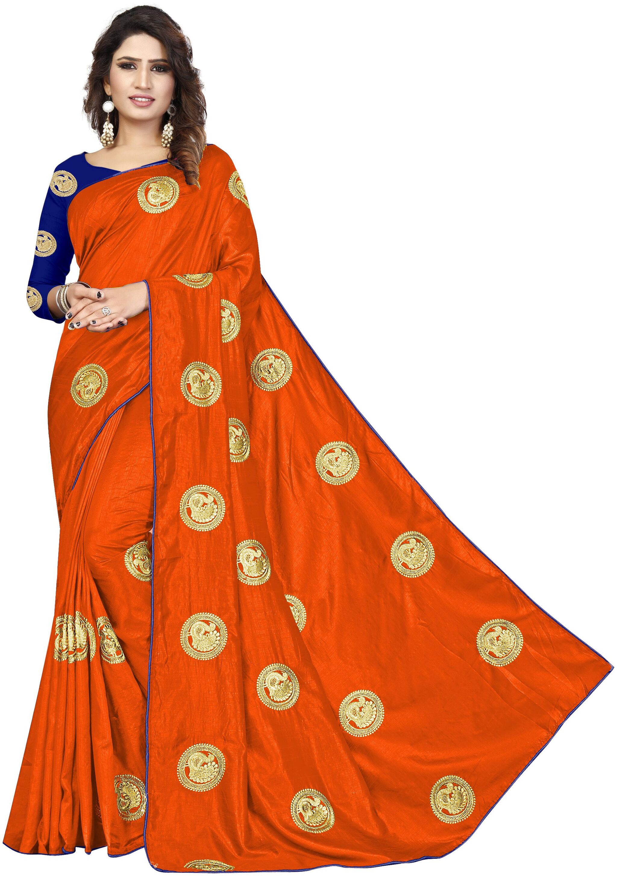 

Mahadev Hub Women Silk Embroidered Regular Saree Orange