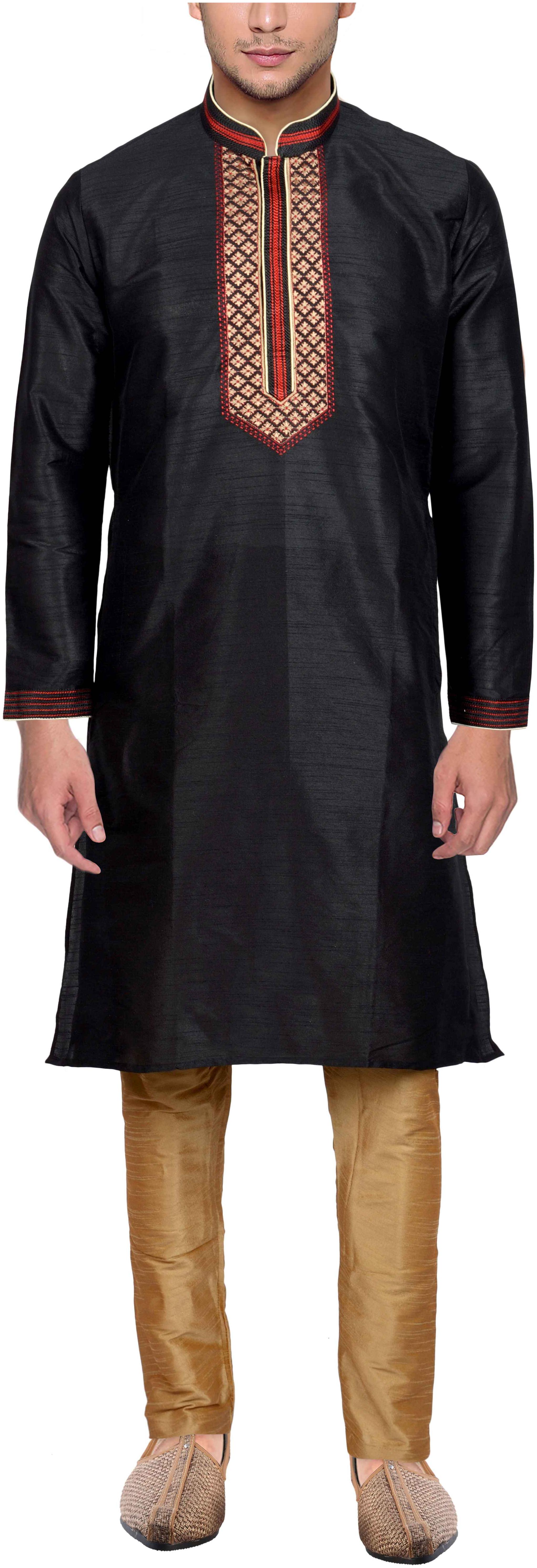 

Maharaja Mens Raw Silk Embroidered Festive Kurta Pyjama Set in Black