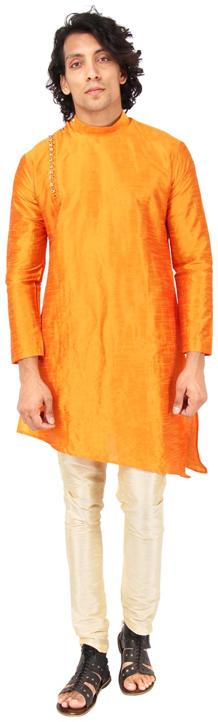 

Maharaja Mens Raw Silk Indian Ethnic Designer Kurta Pyjama Set for Diwali Festival Occasion Wear in Dark Yellow