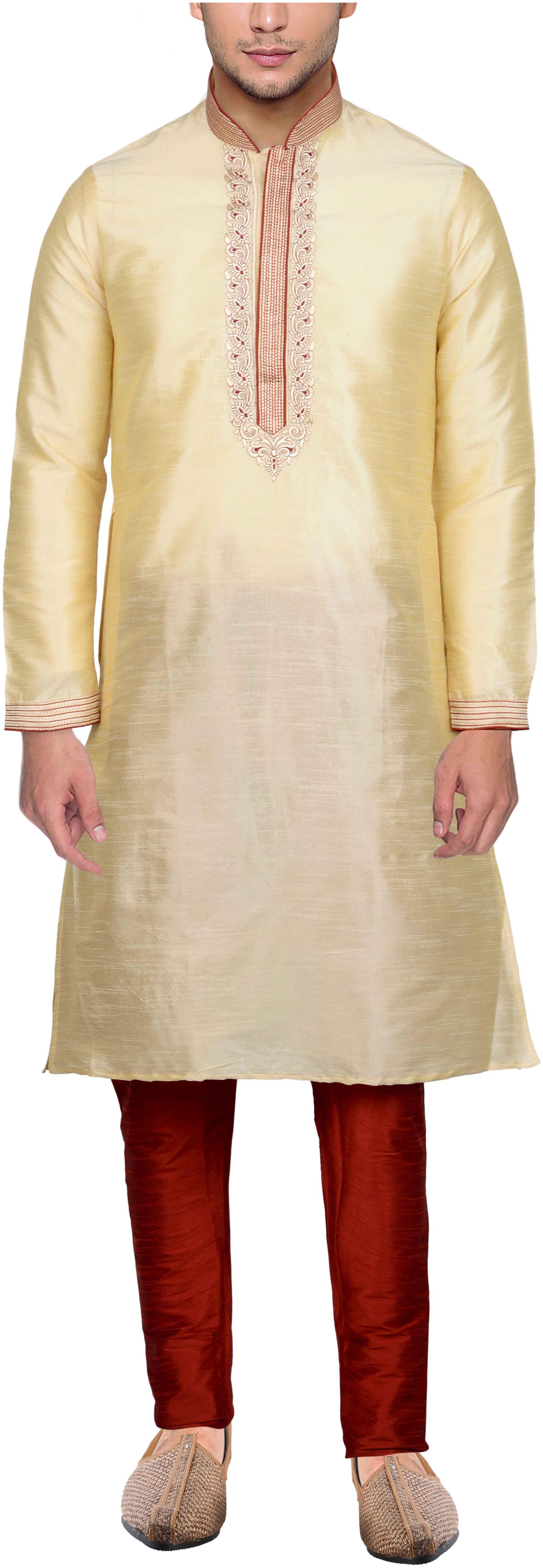 

Maharaja Mens Raw Silk Embroidered Festive Kurta Pyjama Set in Gold