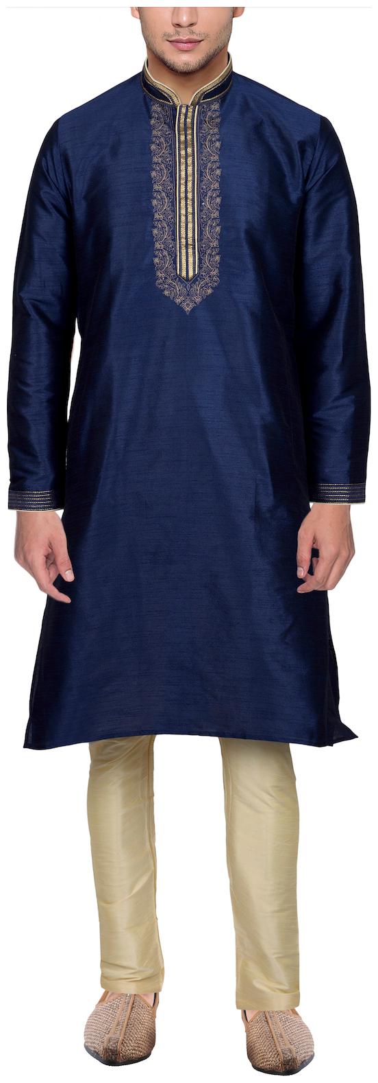 

Maharaja Mens Raw Silk Embroidered Festive Kurta Pyjama Set in Blue