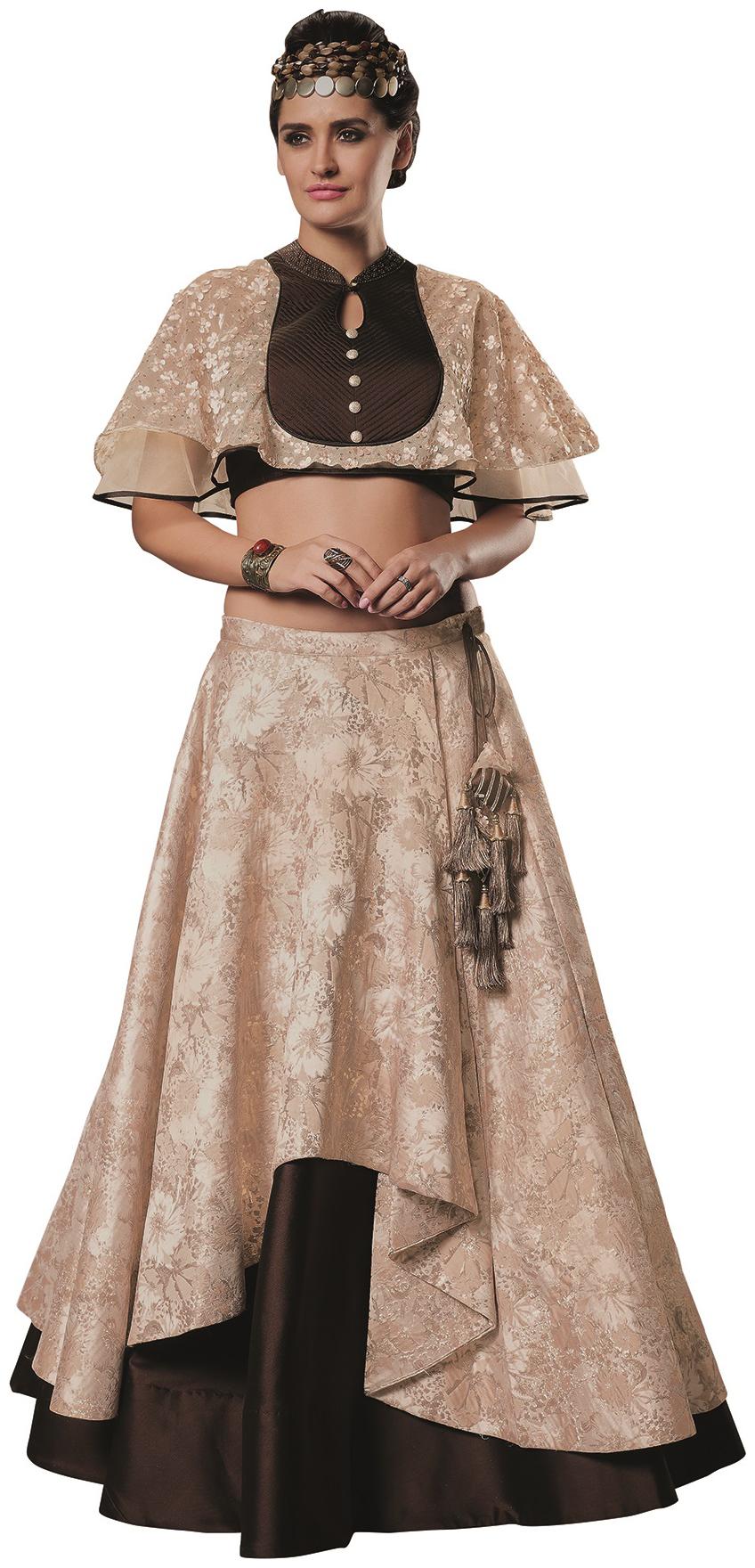 

Mahotsav Beige and Brown Jacquard Silk Readymade Lehenga Choli