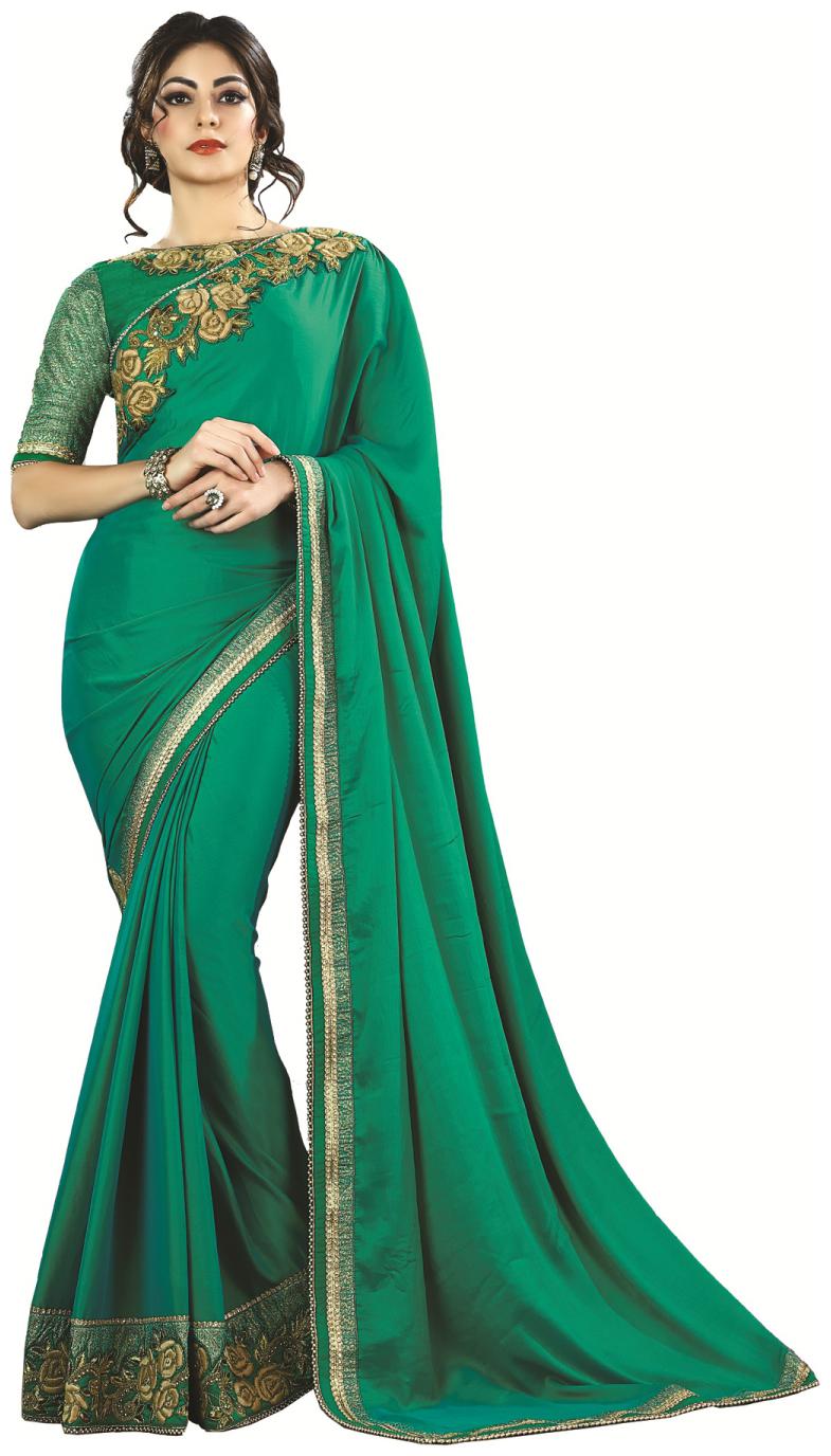 

Mahotsav Green Solid Kora Half Half Saree With Blouse With blouse