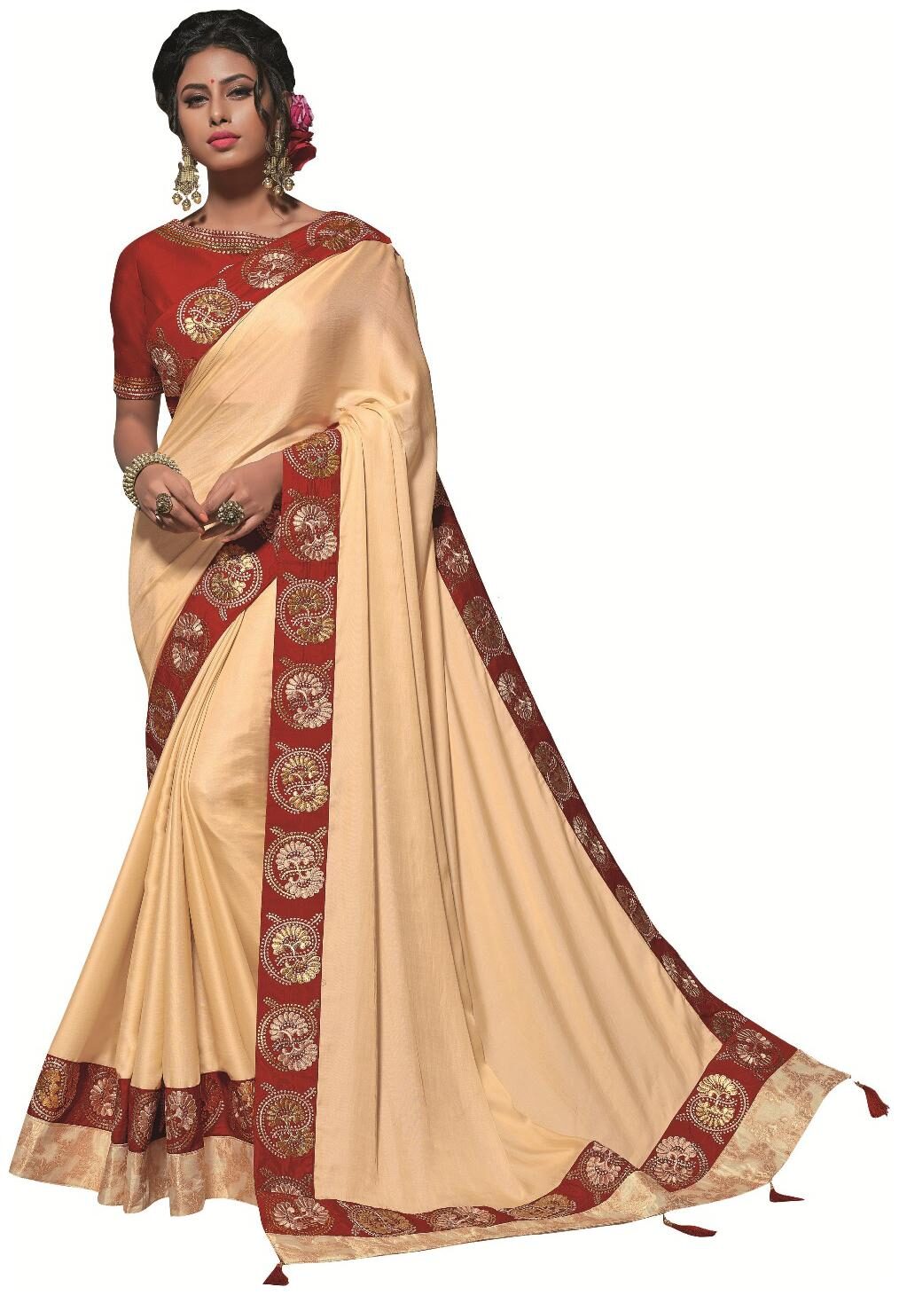 

Mahotsav Cream and Red Satin Silk Saree With Blouse