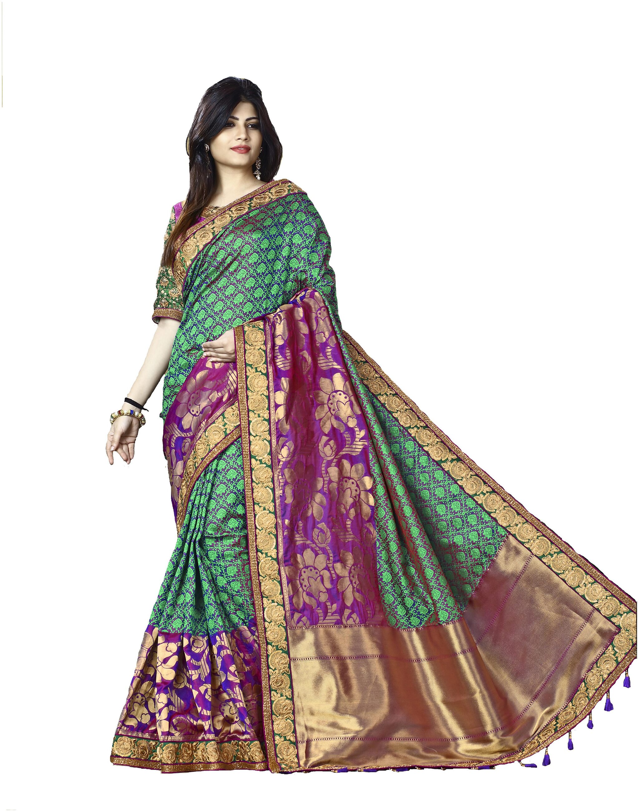 

Mahotsav Green Woven Banarasi Designer Saree With Blouse With blouse