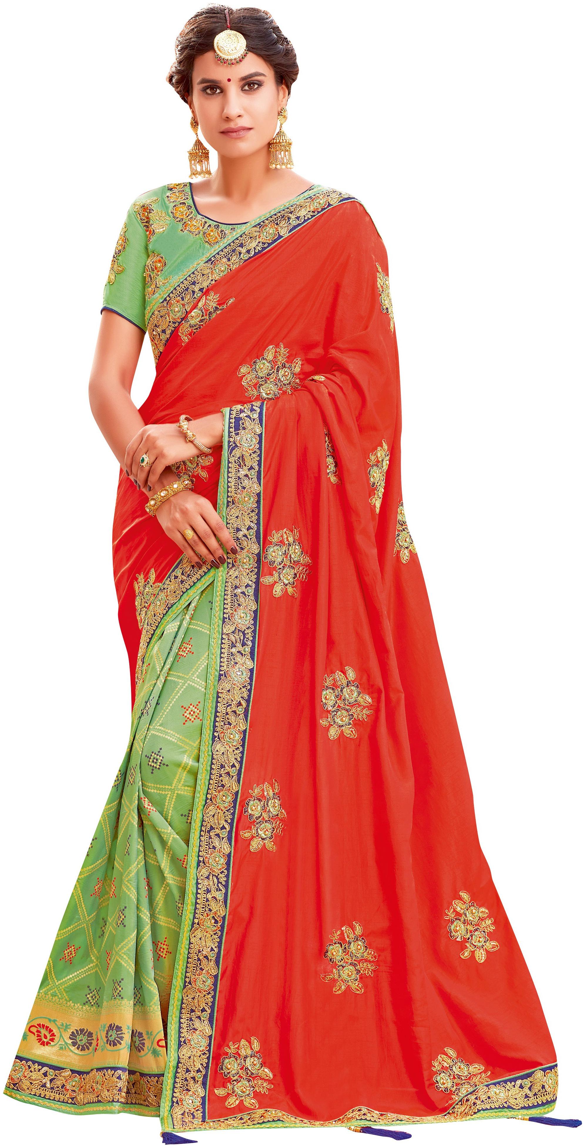 

Mahotsav Green Embroidered Kora Half Half Saree With Blouse With blouse