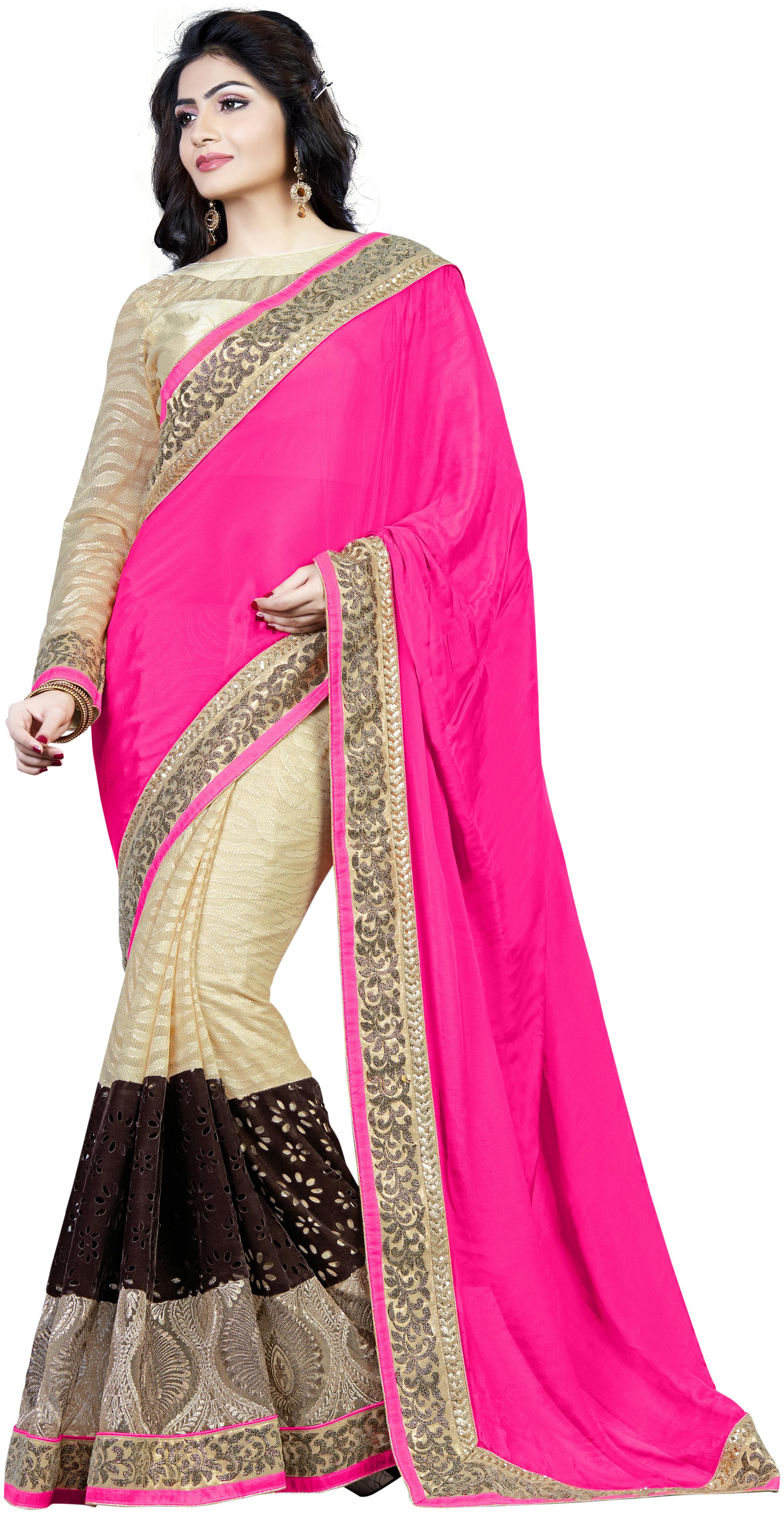 

Mahotsav Pink Embroidered Banarasi Half Half Saree With blouse