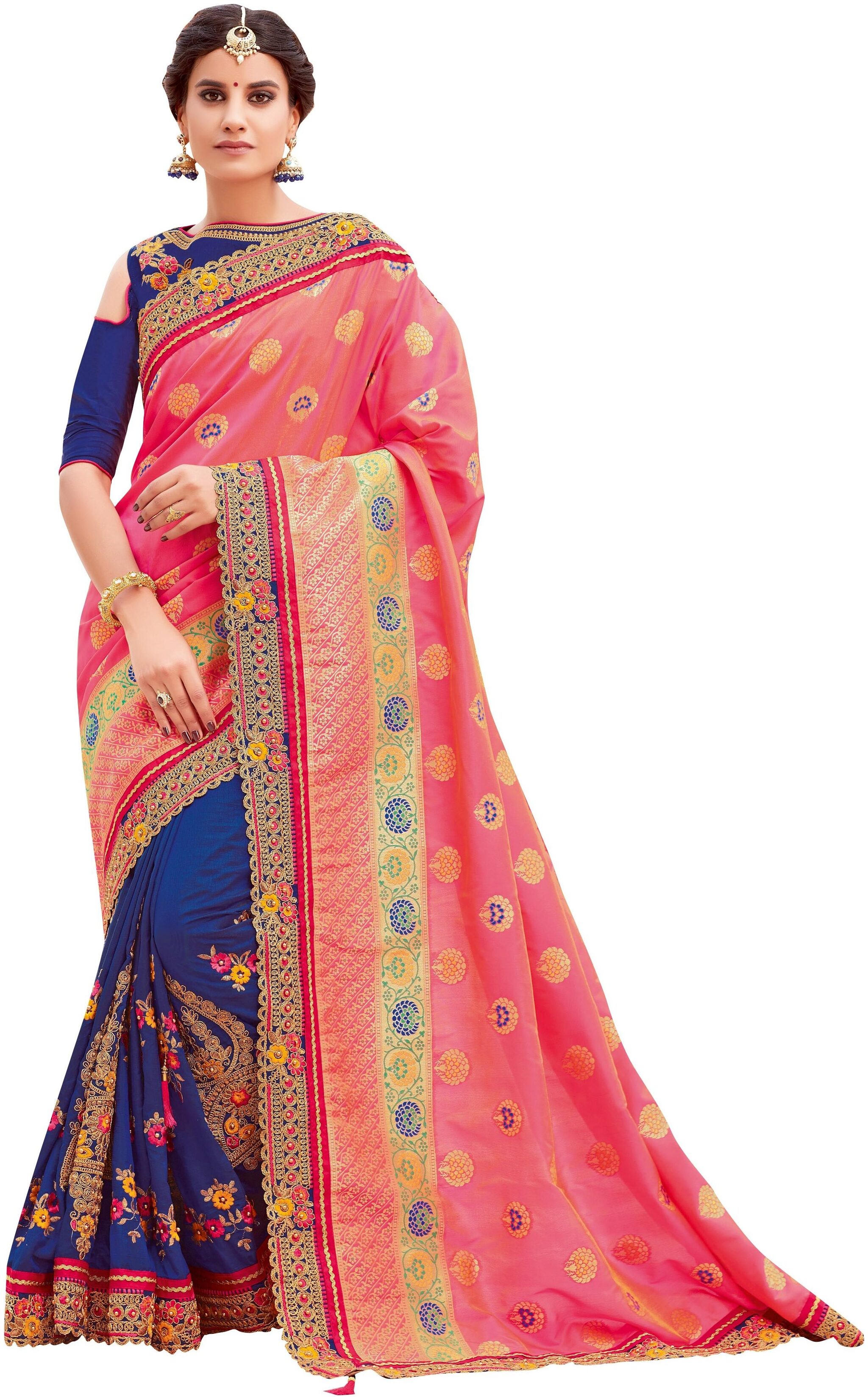 

Mahotsav Pink Blue Color Silk Half Half Saree With Blouse