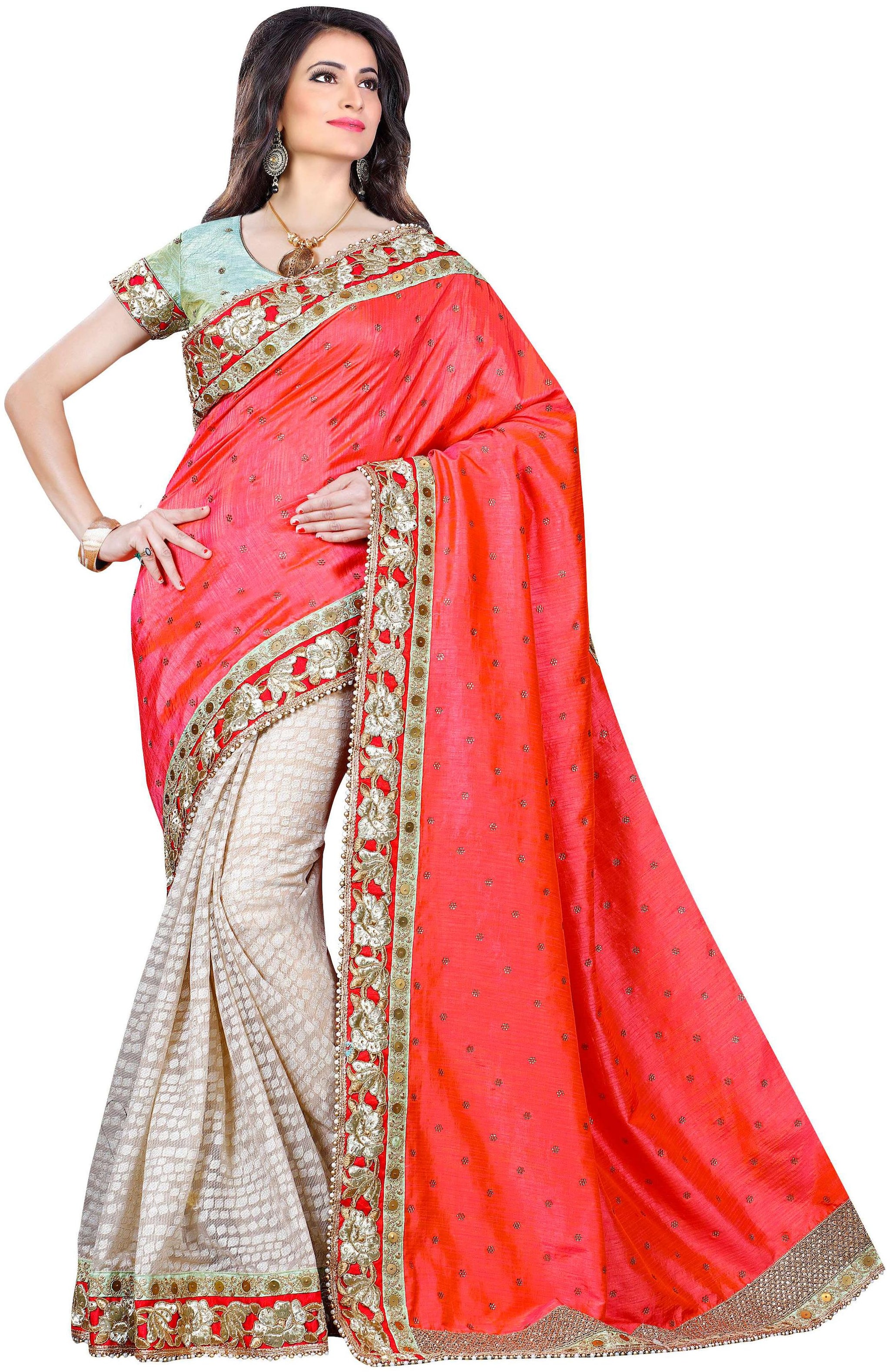 

Mahotsav Red Embroidered Kora Half Half Saree With Blouse With blouse