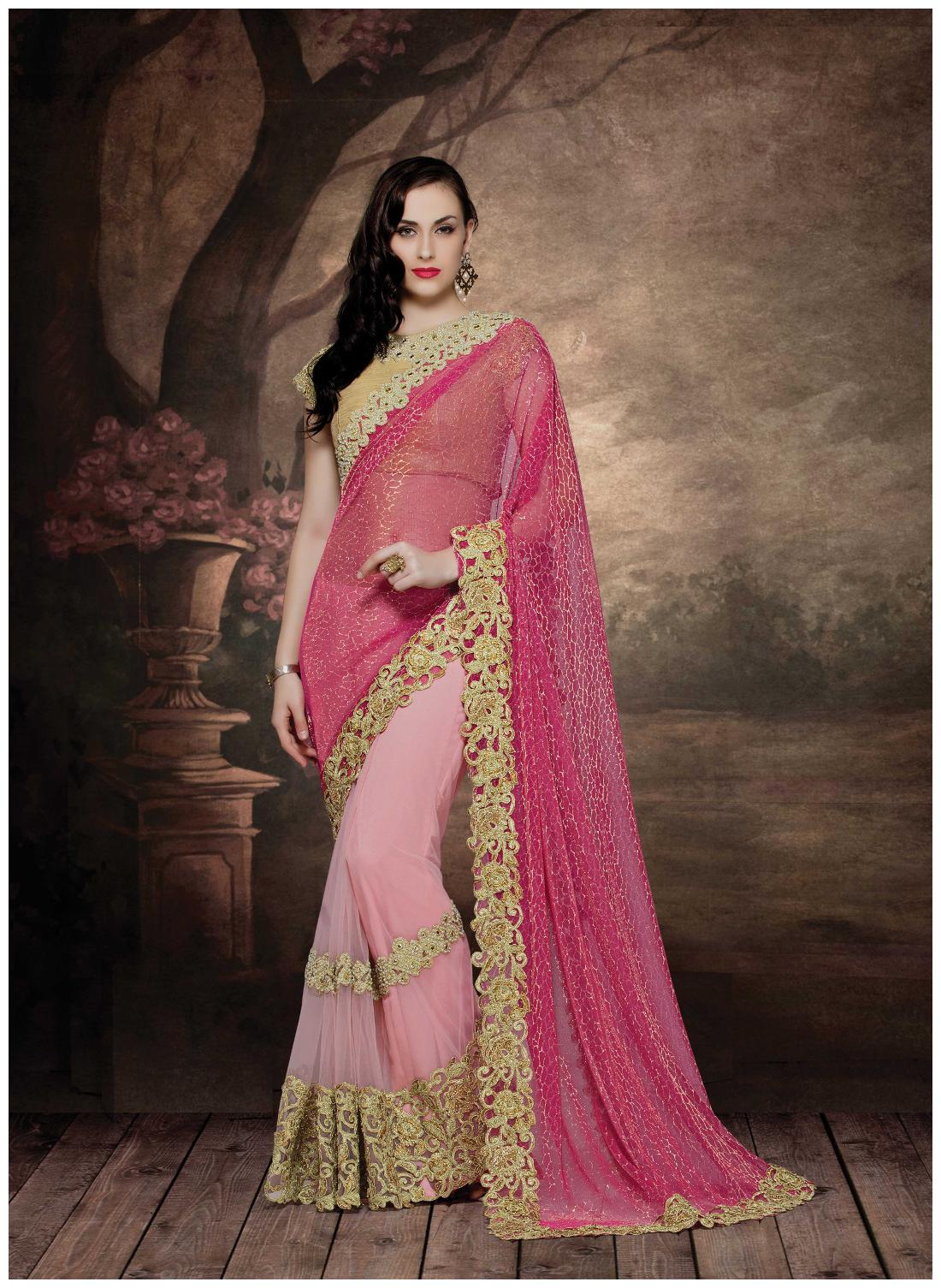 

Mahotsav Brown Embroidered Kora Half Half Saree With Blouse With blouse